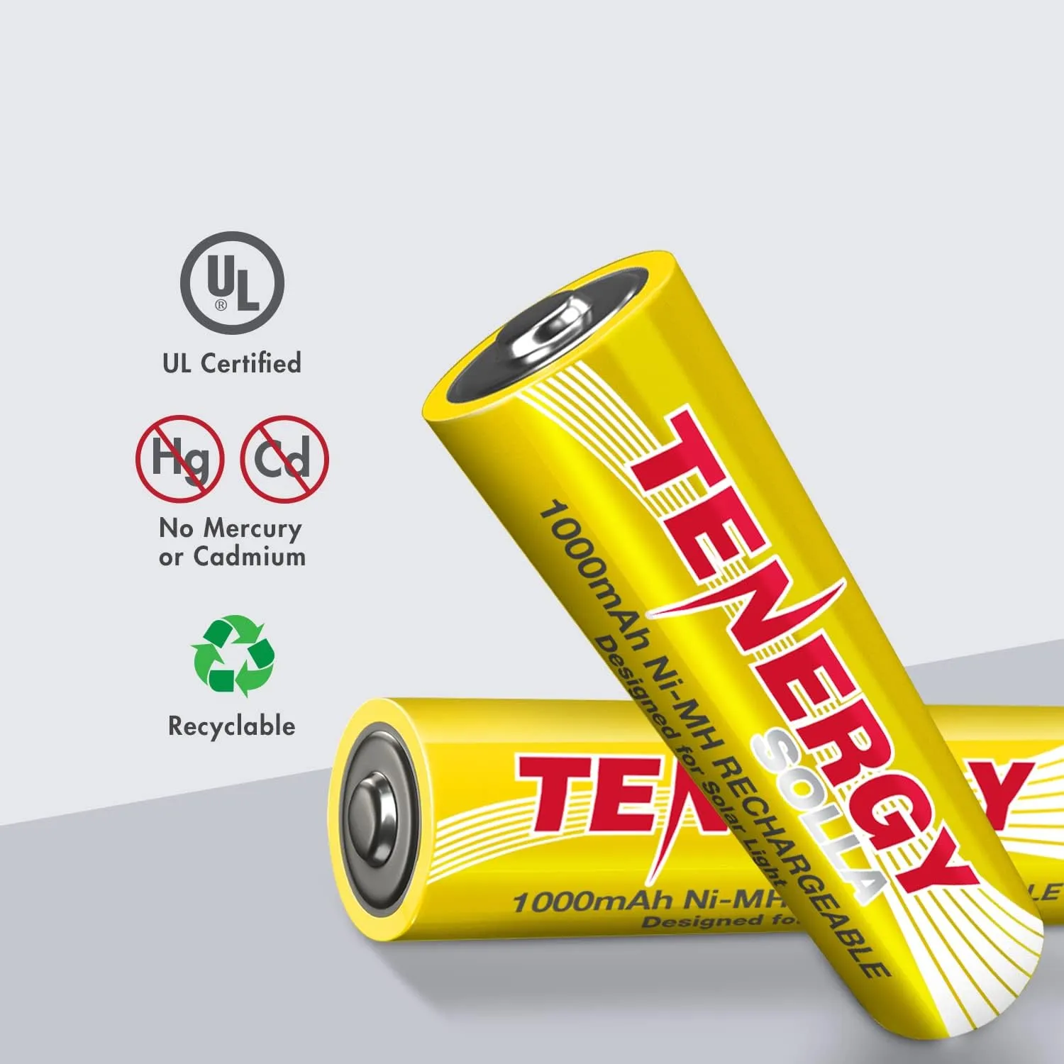 Tenergy Solla Rechargeable NiMH AA Battery, 1000mAh Solar Batteries for Solar Garden Lights, Anti-Leak, Outdoor Durability, 5  Years Performance, 24 Pack, UL Certified