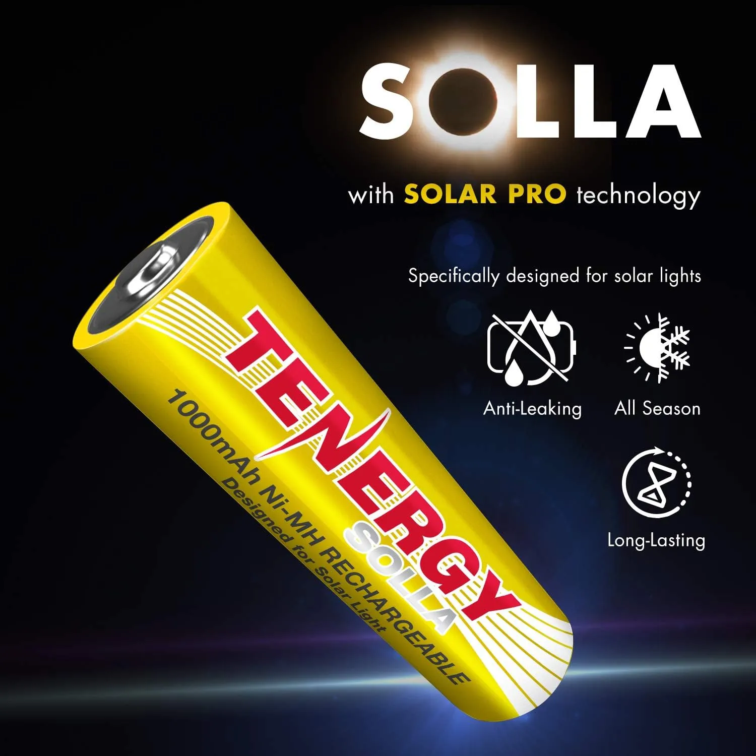 Tenergy Solla Rechargeable NiMH AA Battery, 1000mAh Solar Batteries for Solar Garden Lights, Anti-Leak, Outdoor Durability, 5  Years Performance, 24 Pack, UL Certified