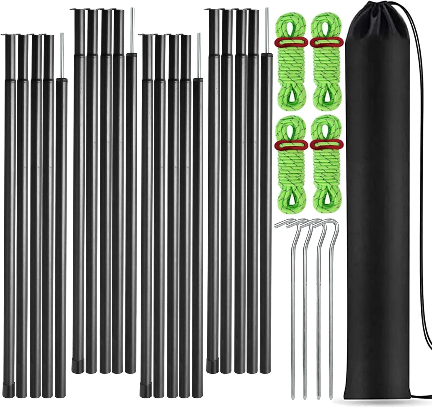 Tent Poles Adjustable Tarp Poles Steel Rods for Tarp Canopy Camping Replacement Set of 4  Pegs & Reflective Ropes (Black/4)