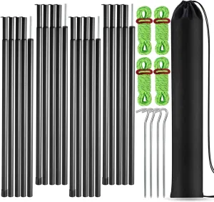 Tent Poles Adjustable Tarp Poles Steel Rods for Tarp Canopy Camping Replacement Set of 4  Pegs & Reflective Ropes (Black/4)