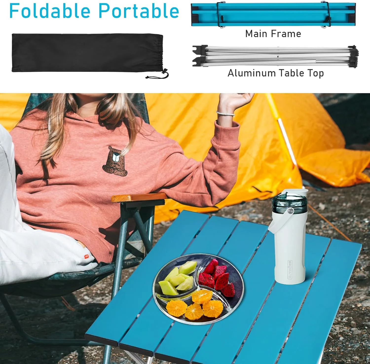Tesouro Portable Camping Table,Folding Side Table Aluminum Top for Outdoor Cooking, Hiking, Travel, Picnic (Medium, Blue)