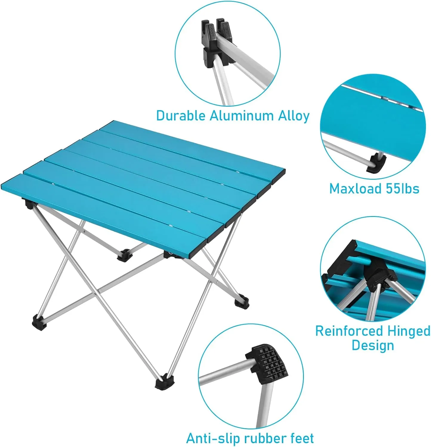 Tesouro Portable Camping Table,Folding Side Table Aluminum Top for Outdoor Cooking, Hiking, Travel, Picnic (Medium, Blue)