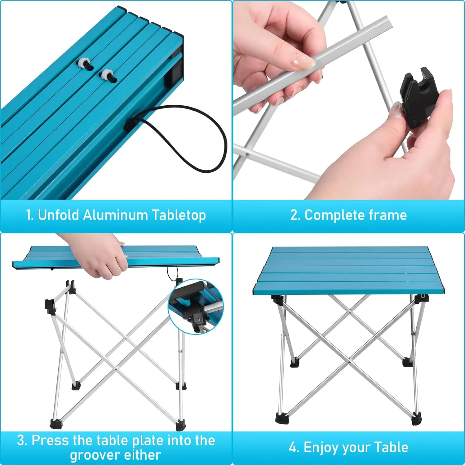 Tesouro Portable Camping Table,Folding Side Table Aluminum Top for Outdoor Cooking, Hiking, Travel, Picnic (Medium, Blue)