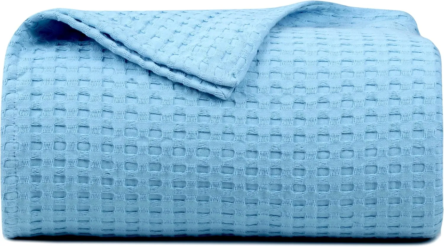 Tex Trend 100% Cotton Waffle Weave Queen Size Blanket - Lightweight, Breathable, Soft, Blue, 90x90 Inches