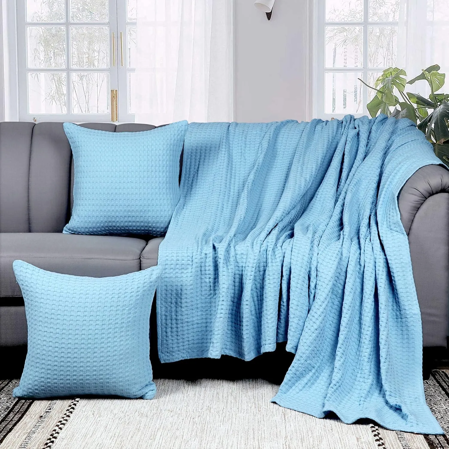 Tex Trend 100% Cotton Waffle Weave Queen Size Blanket - Lightweight, Breathable, Soft, Blue, 90x90 Inches