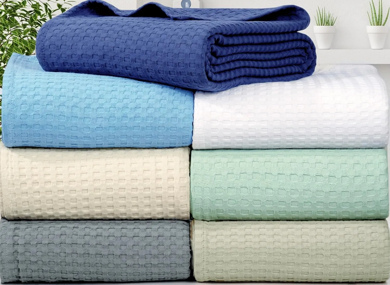 Tex Trend 100% Cotton Waffle Weave Queen Size Blanket - Lightweight, Breathable, Soft, Blue, 90x90 Inches