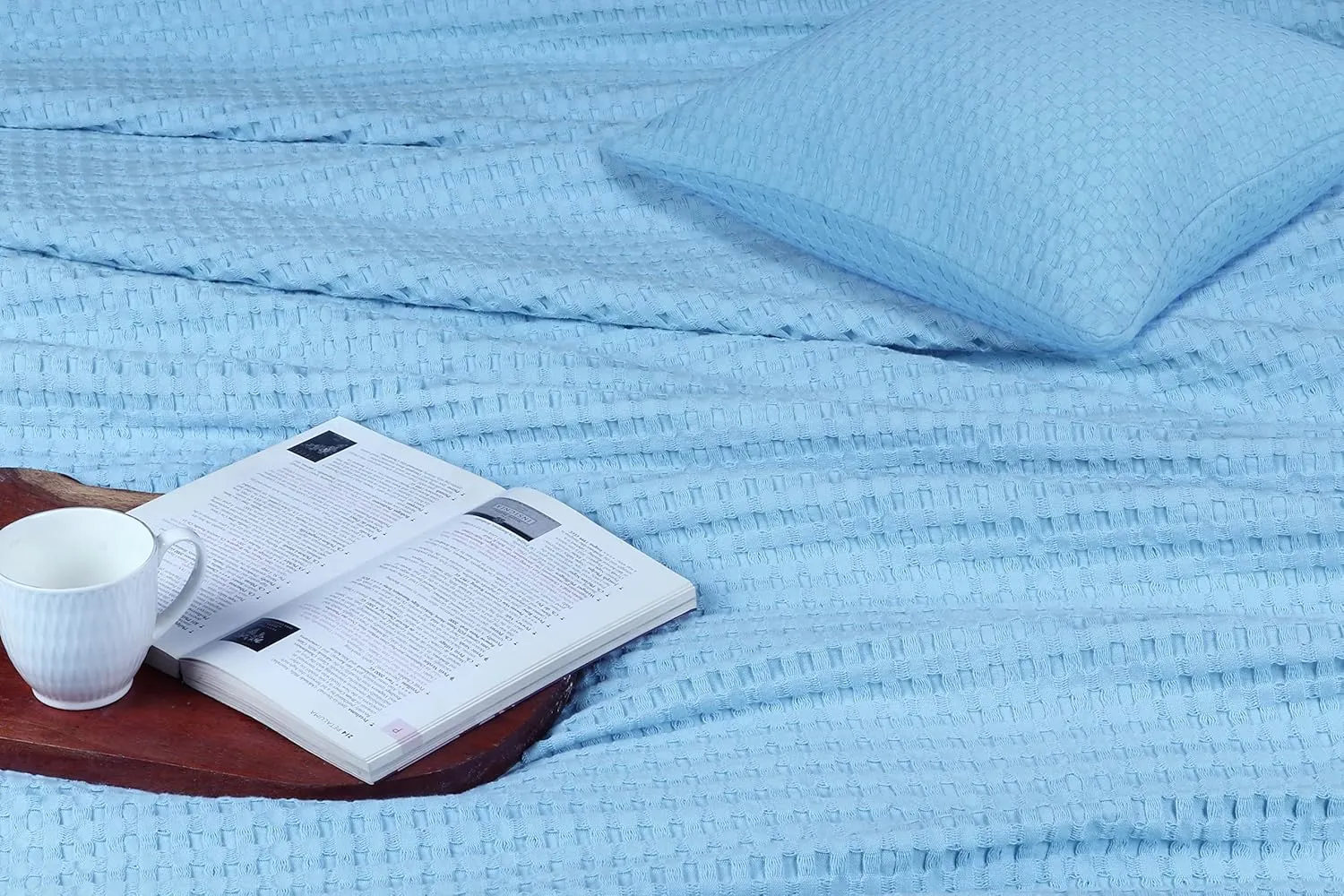 Tex Trend 100% Cotton Waffle Weave Queen Size Blanket - Lightweight, Breathable, Soft, Blue, 90x90 Inches