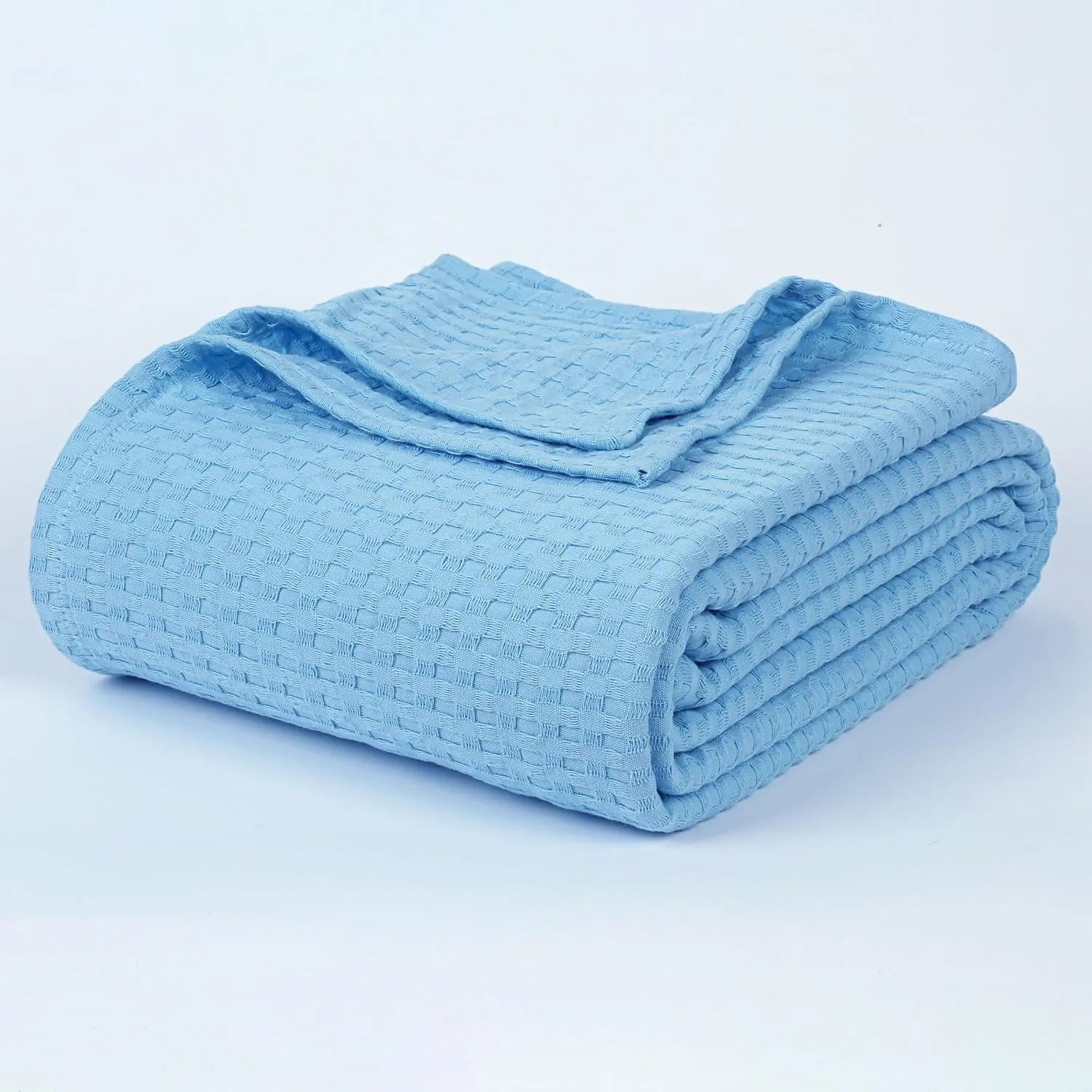 Tex Trend 100% Cotton Waffle Weave Queen Size Blanket - Lightweight, Breathable, Soft, Blue, 90x90 Inches