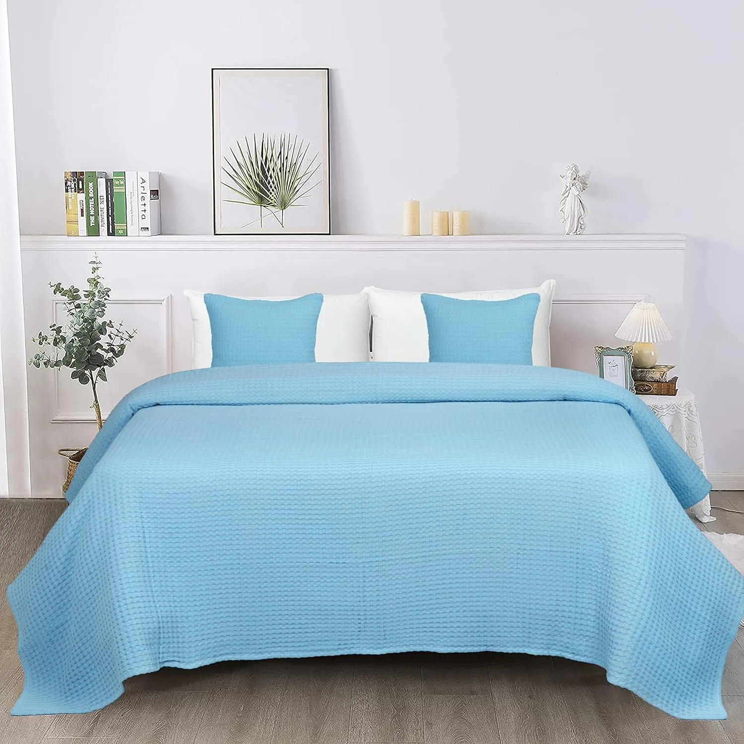 Tex Trend 100% Cotton Waffle Weave Queen Size Blanket - Lightweight, Breathable, Soft, Blue, 90x90 Inches