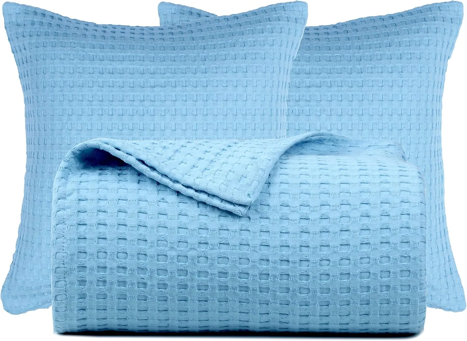 Tex Trend 100% Cotton Waffle Weave Queen Size Blanket - Lightweight, Breathable, Soft, Blue, 90x90 Inches