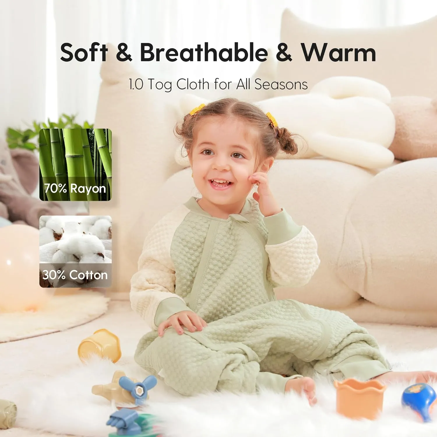 Thermostatic Sleep Sack with Feet for 4t-5t Baby, 1.0 Tog Wearable Blanket for Toddler, All Season Boy or Girl Sleeping Bag for Walkers, 2-Way Zipper, M-37 inch, Green