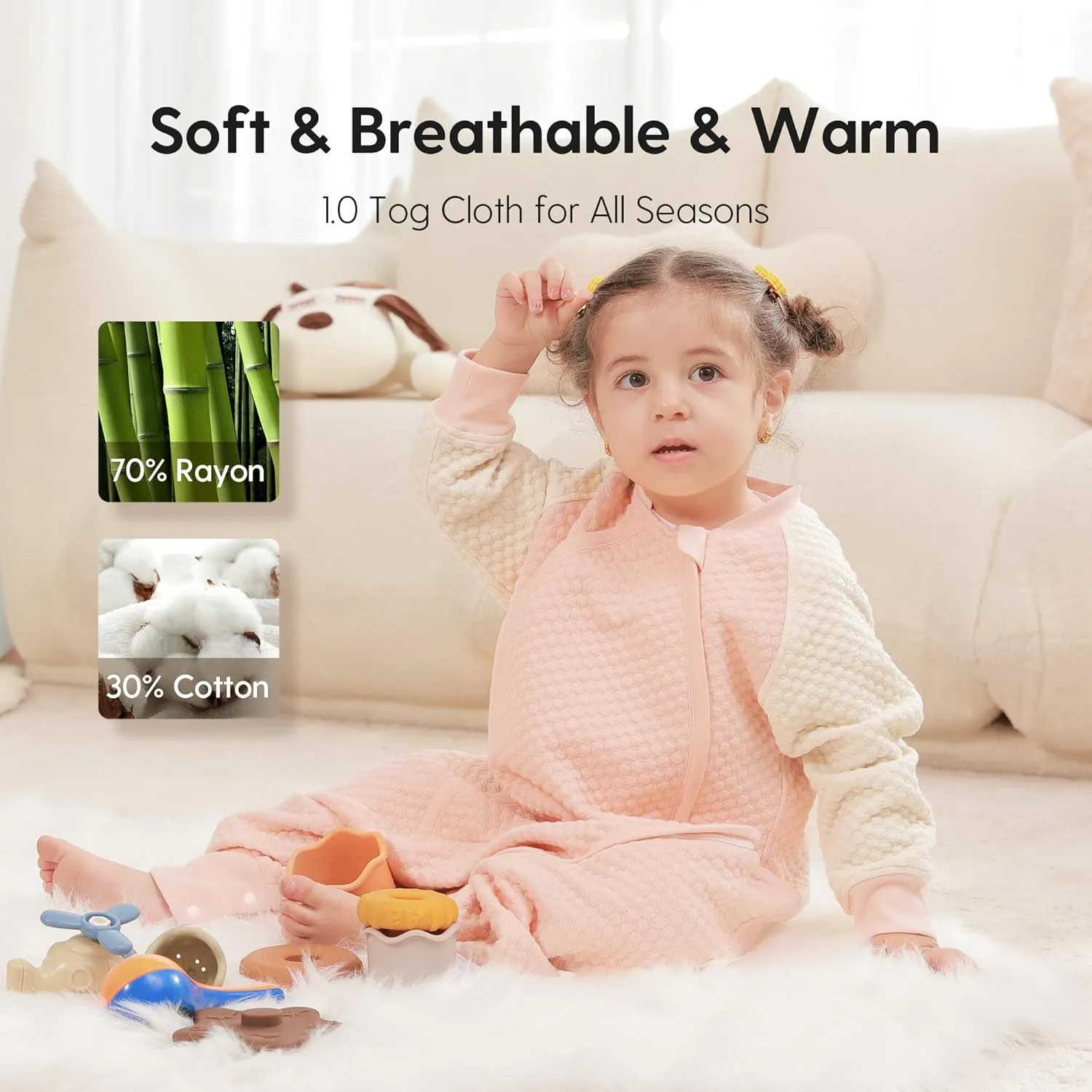 Thermostatic Sleep Sack with Feet for 6t-7t Baby, 1.0 Tog Wearable Blanket for Toddler, All Season Boy or Girl Sleeping Bag for Walkers, 2-Way Zipper, XL-41 inch, Pink