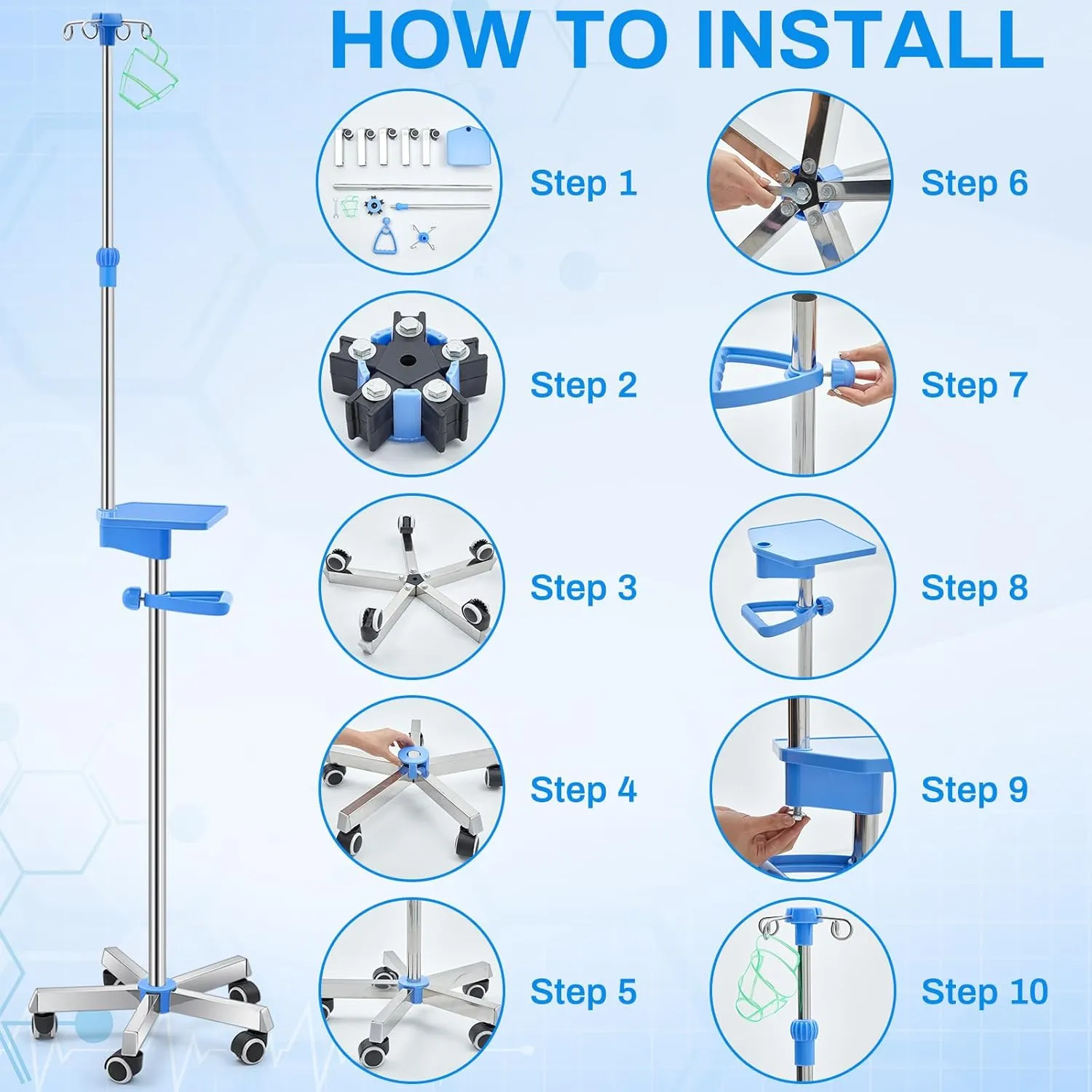 Thyle IV Pole with Wheels Tray Stand Portable 4 Hooks 5 Wheels IV Fluid Bag Stand Height Adjustable Stainless Steel Intravenous Pole with Hanging Net for Home Hospital(Classic)