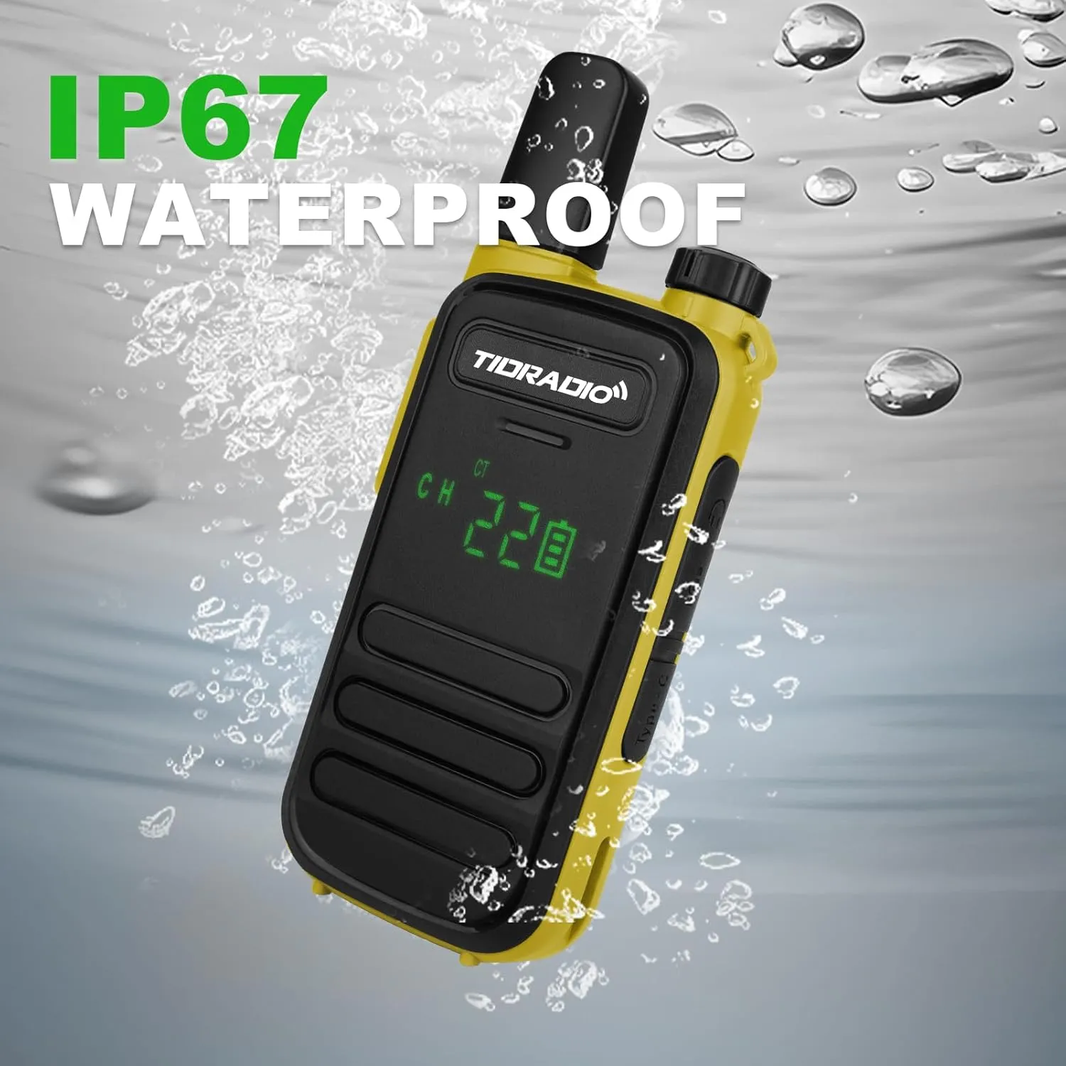 TIDRADIO TD-M11 Walkie Talkies Waterproof IP67 FRS Long Range Two Way Radio with LED Display,NOAA Weather,Walky Talkiy for Industry, Security Work (2 Pack) Black ＆ Yellow