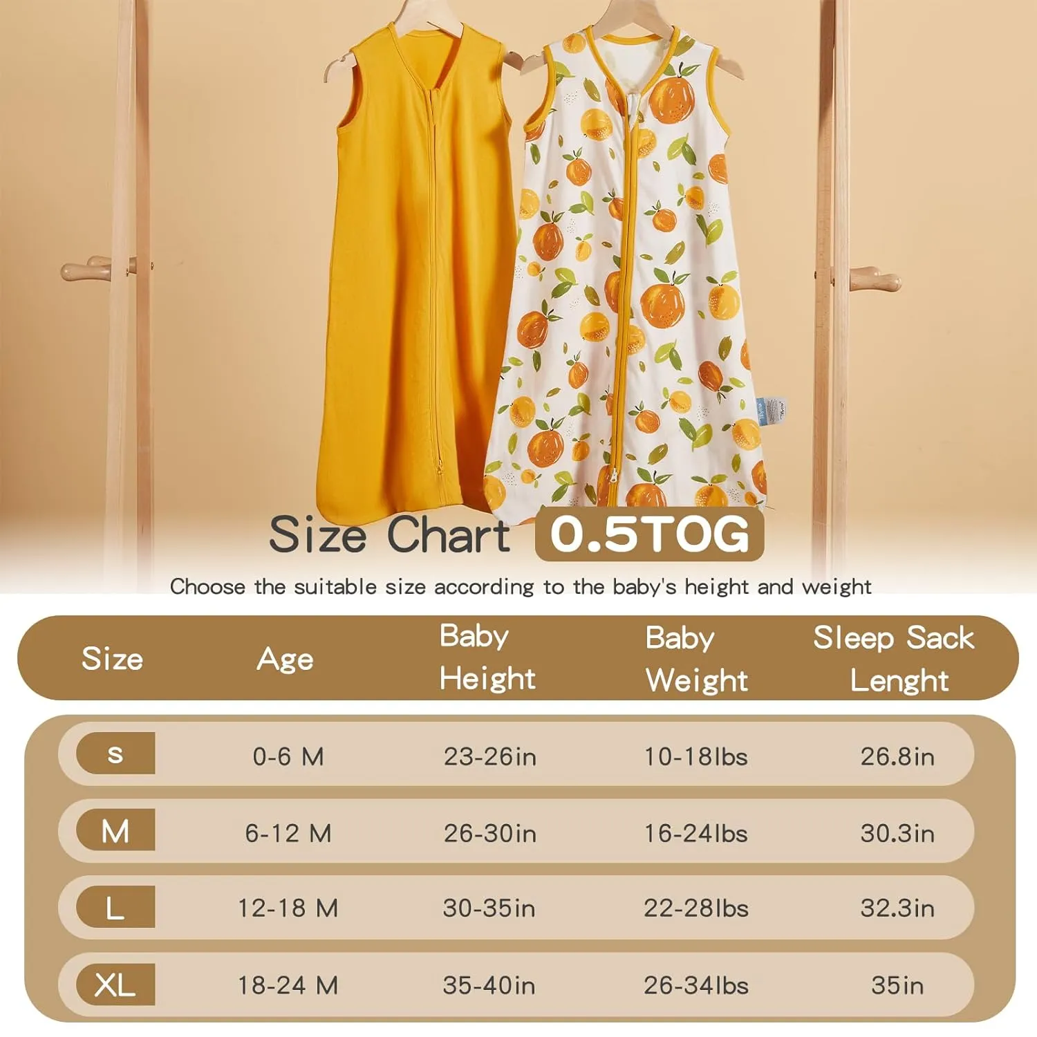 TILLYOU Sleep Sack 18-24 Months - 2 Pack Baby sleep sacks 0.5 TOG with 2-Way Zipper, Lightweight Cotton Sleeping sack, Orange flavour & Orange