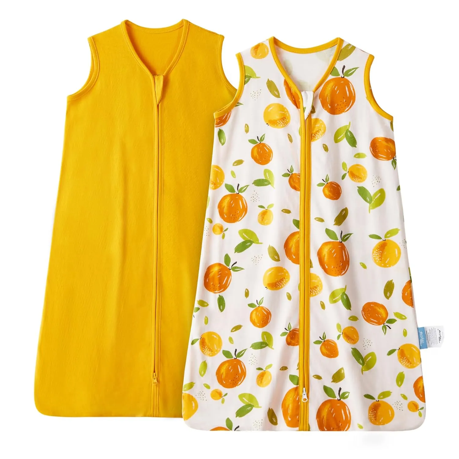 TILLYOU Sleep Sack 18-24 Months - 2 Pack Baby sleep sacks 0.5 TOG with 2-Way Zipper, Lightweight Cotton Sleeping sack, Orange flavour & Orange