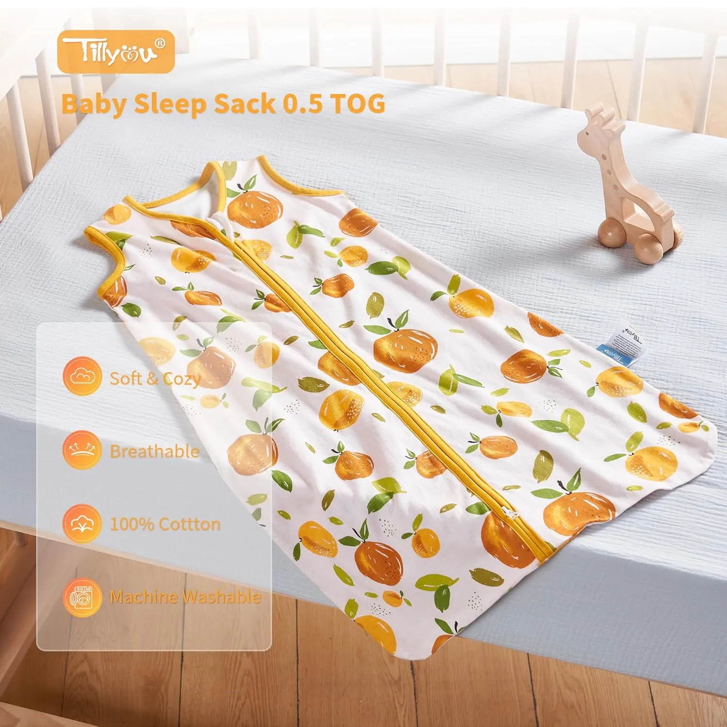 TILLYOU Sleep Sack 18-24 Months - 2 Pack Baby sleep sacks 0.5 TOG with 2-Way Zipper, Lightweight Cotton Sleeping sack, Orange flavour & Orange