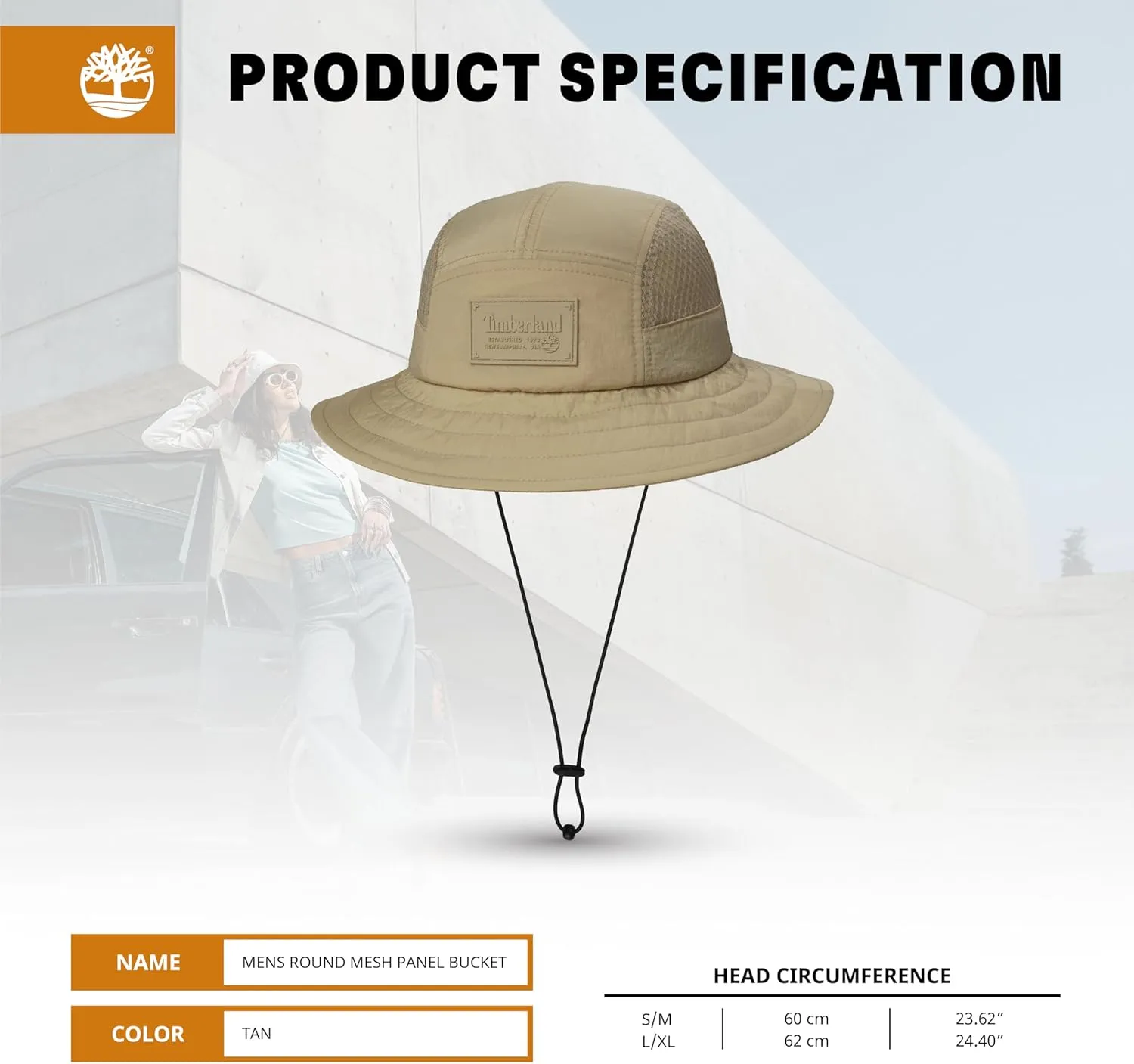 Timberland Mesh Panel Men's Bucket Hat, Wide Brim Sun Hat with Adjustable Chin Cord, Perfect for Outdoor Adventures