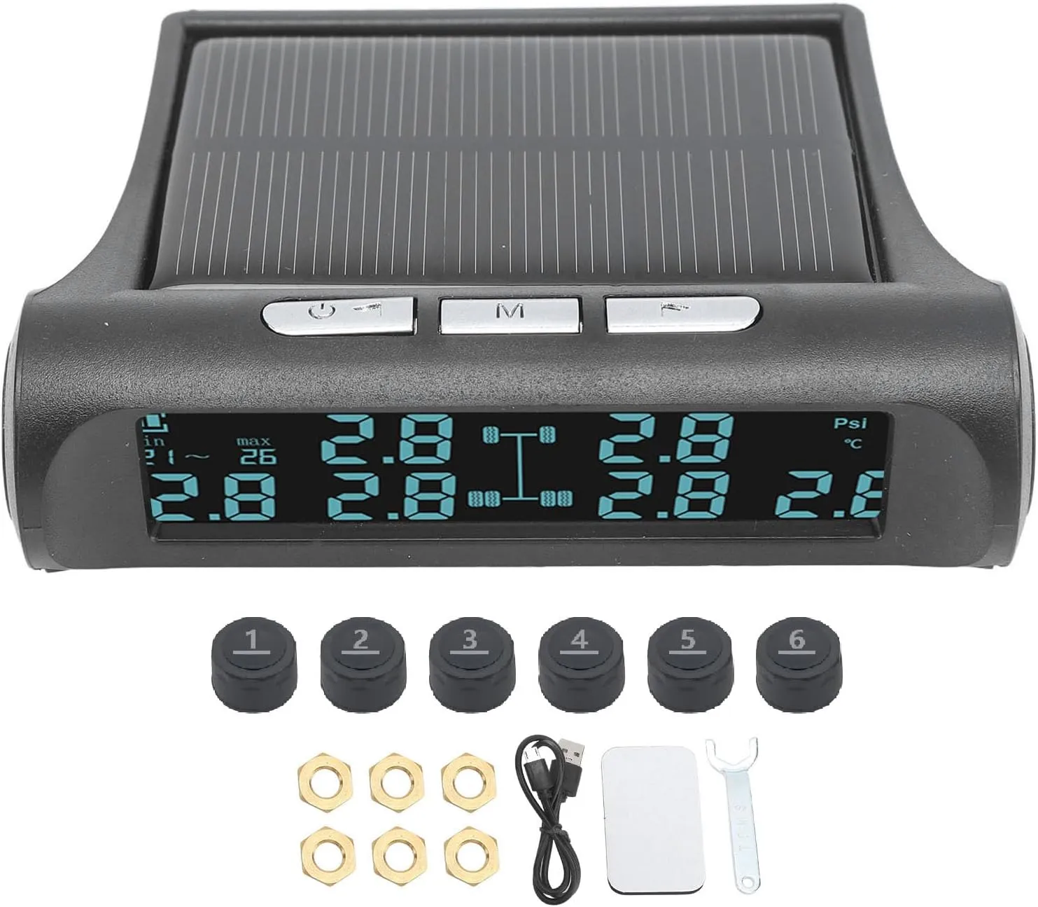 Tire Pressure Monitoring System, Large Screen RV Solar TPMS with 6 Tire Sensors, Tire Pressure Real Time Monitor Alarm System for RV Trailer Truck Motorhome, 0-116PSI
