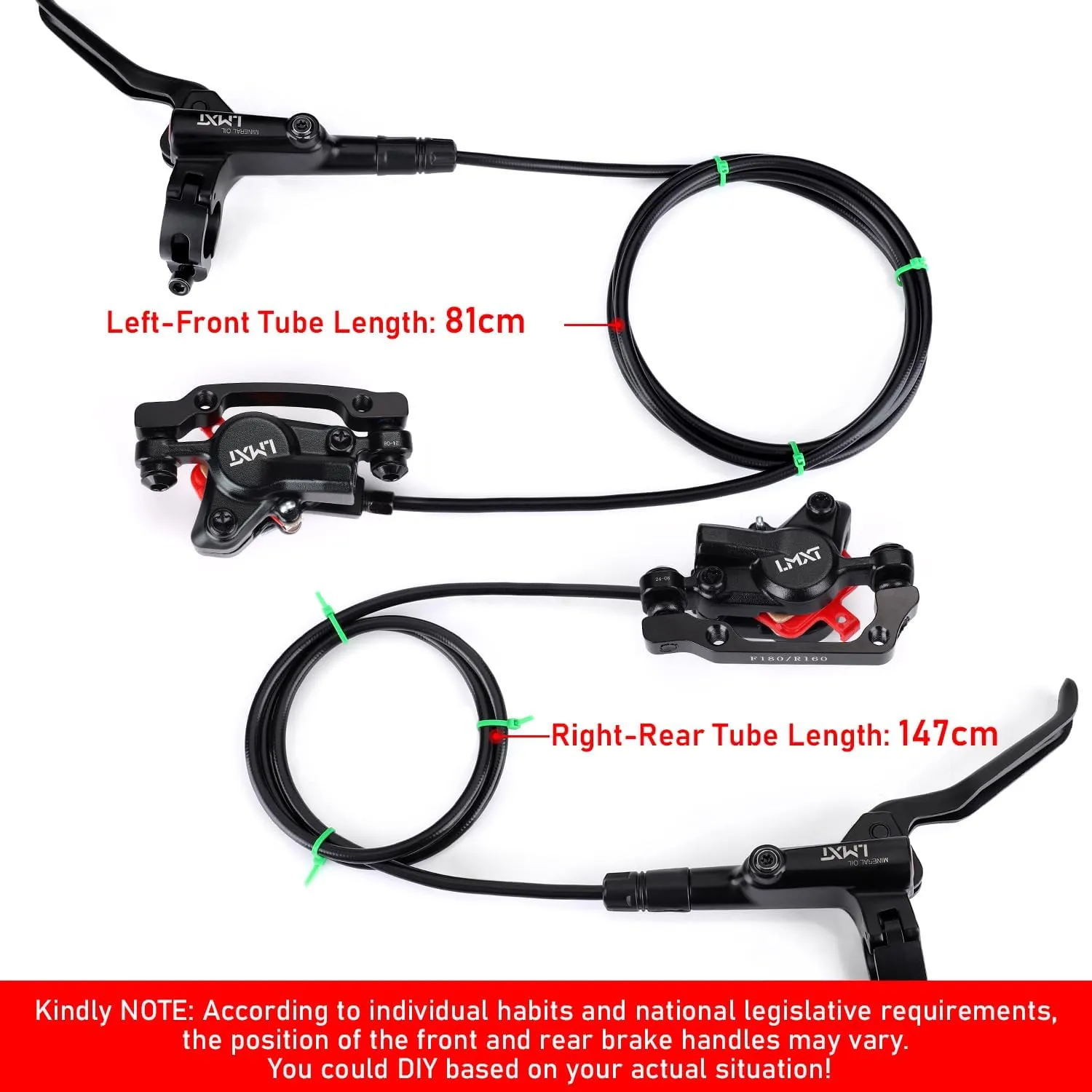TOBWOLF 1 Pair MTB Disc Brake Set, Hydraulic Disc Brake Kit with 160mm Rotors, Left Front 81cm & Right Rear 147cm, Aluminum Oil Pressure Calipers Levers for Mountain Bike E-Bike Fat Bike Road Bike