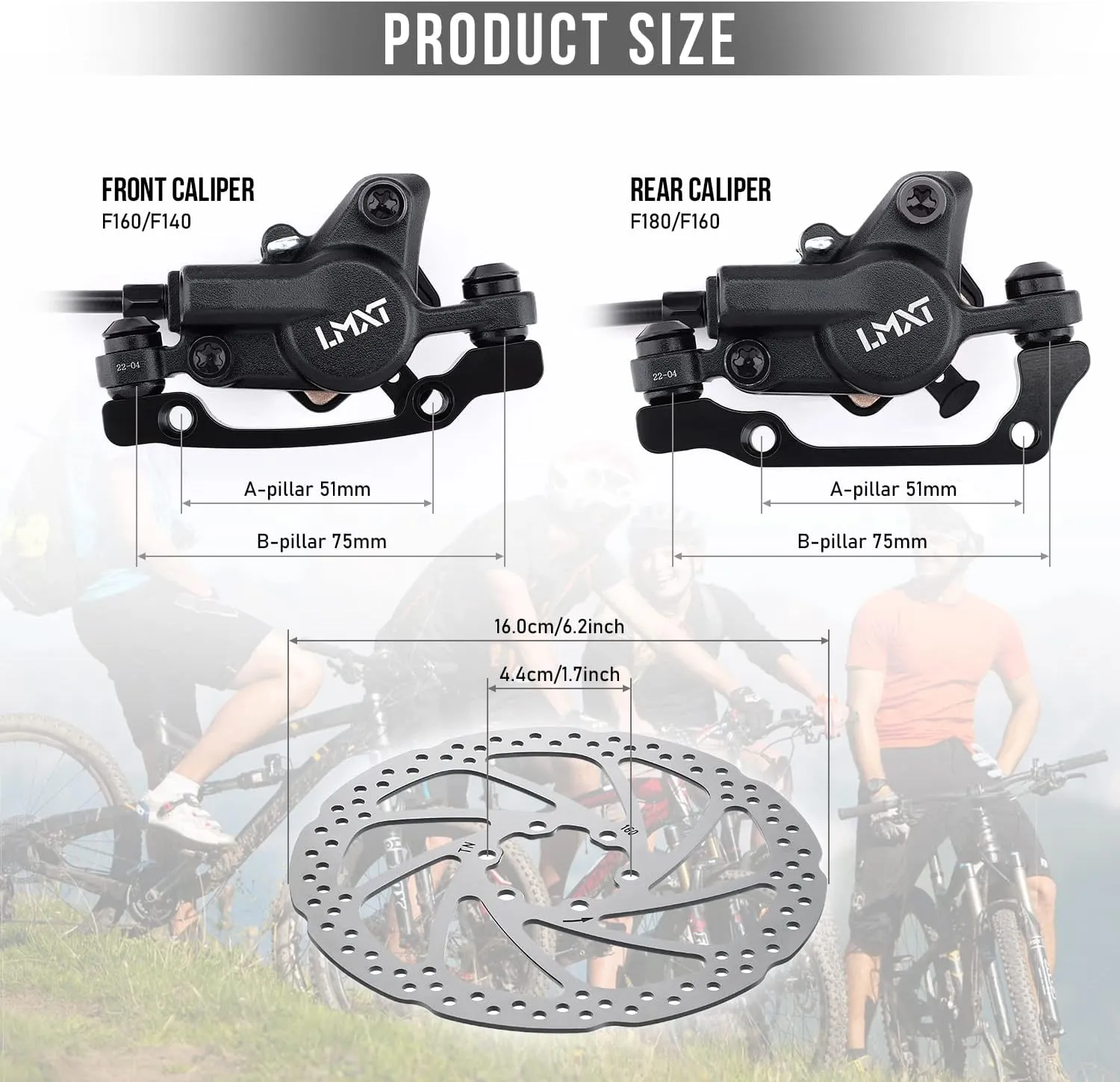 TOBWOLF 1 Pair MTB Disc Brake Set, Hydraulic Disc Brake Kit with 160mm Rotors, Left Front 81cm & Right Rear 147cm, Aluminum Oil Pressure Calipers Levers for Mountain Bike E-Bike Fat Bike Road Bike