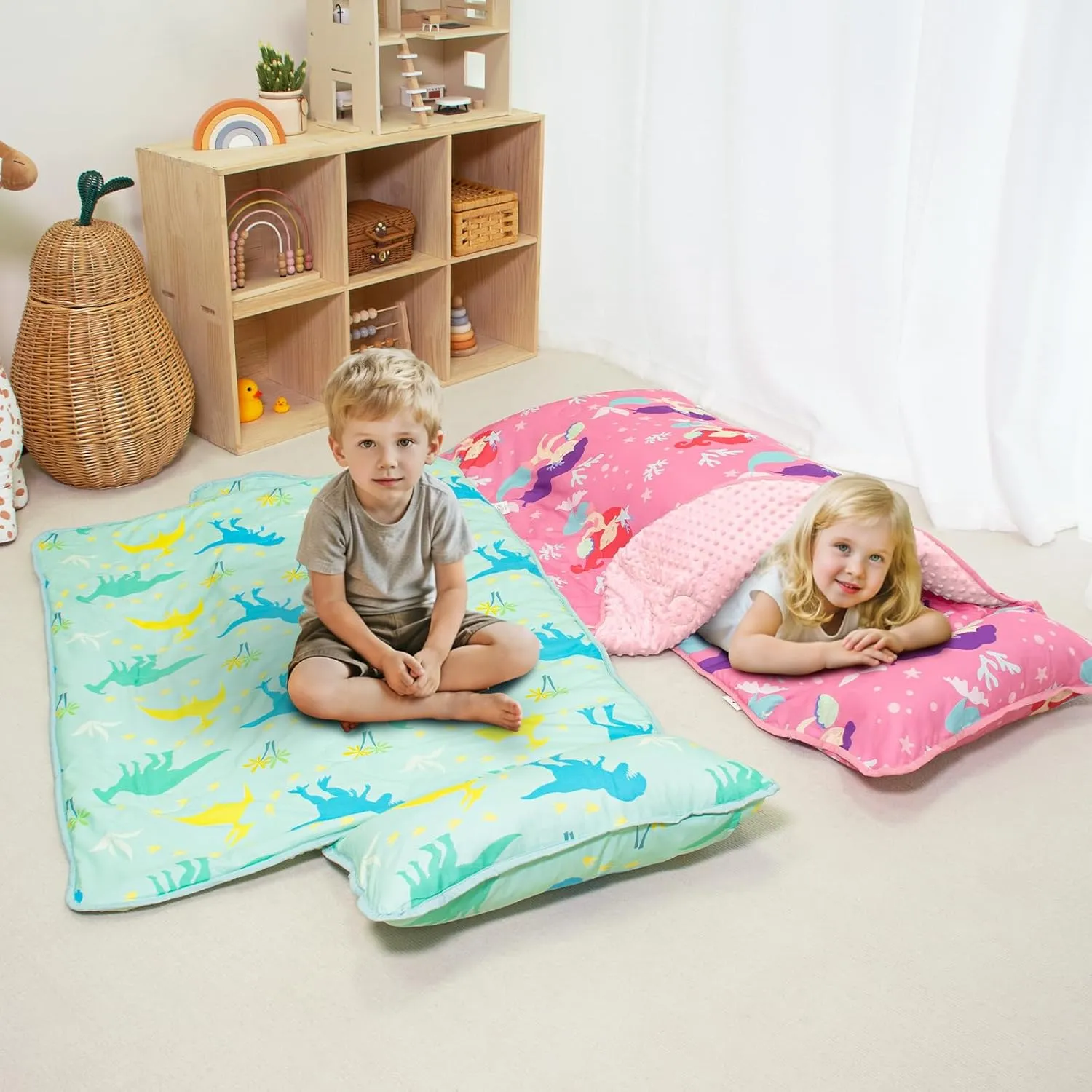 Toddler Nap Mat with Pillow and Minky Blanket, Large 55"x35" Sleeping Bag, Washable, Lightweight, Easy to Roll, Perfect for Preschool, Daycare, Kindergarten, Travel, Boys and Girls(Dinosaur)