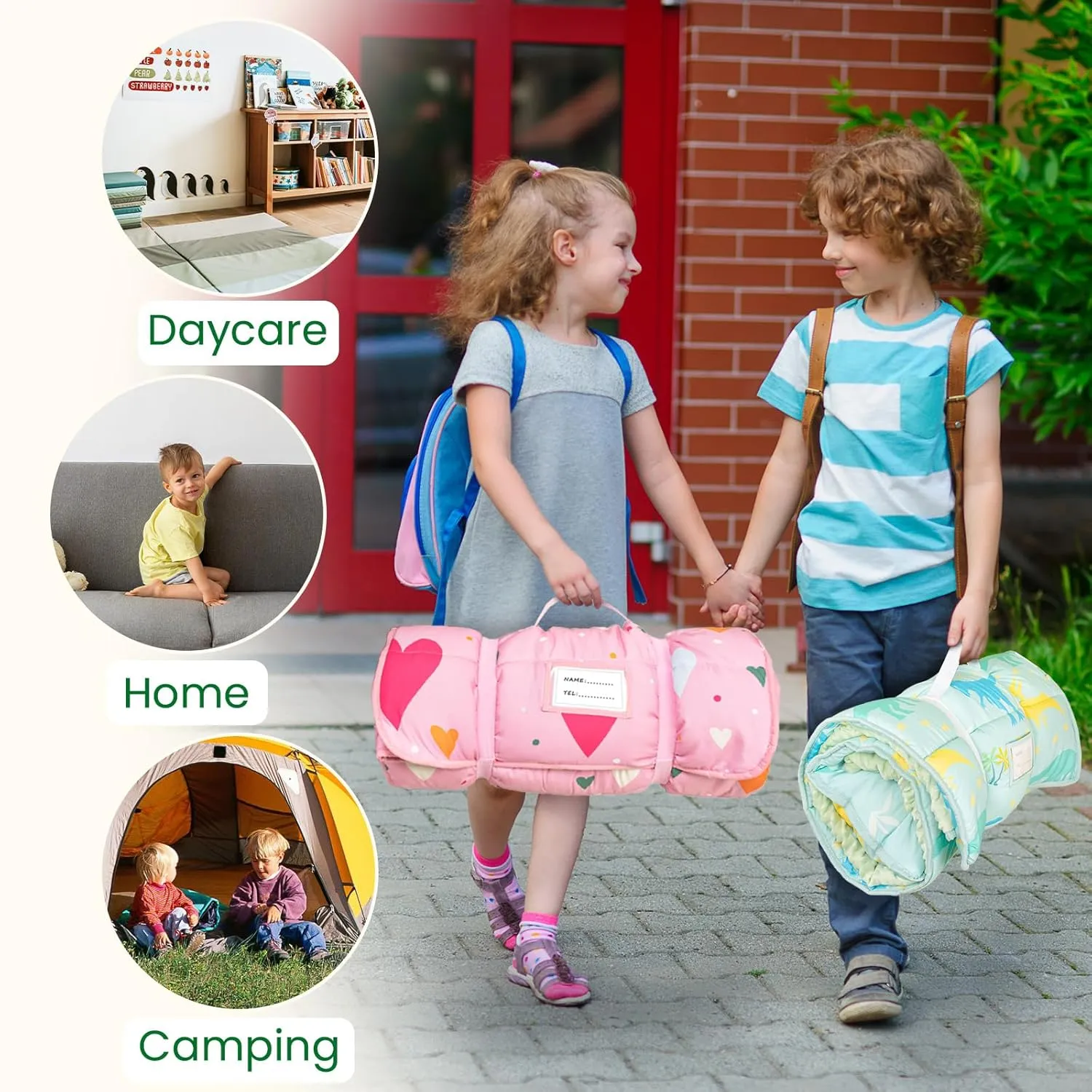 Toddler Nap Mat with Pillow and Minky Blanket, Large 55"x35" Sleeping Bag, Washable, Lightweight, Easy to Roll, Perfect for Preschool, Daycare, Kindergarten, Travel, Boys and Girls(Dinosaur)