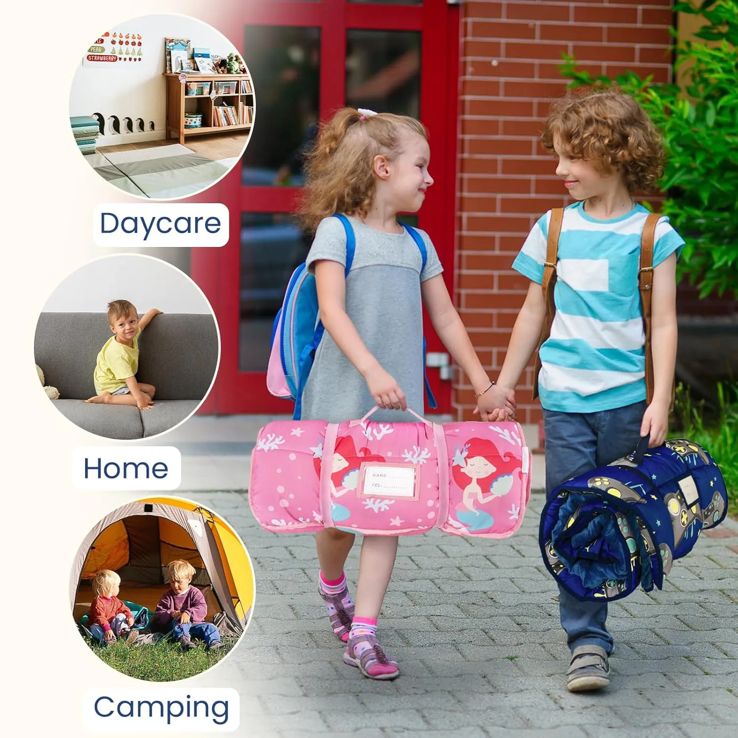 Toddler Nap Mat with Pillow and Minky Blanket, Large 55"x35" Sleeping Bag, Washable, Lightweight, Easy to Roll, Perfect for Preschool, Daycare, Kindergarten, Travel, Boys and Girls(Gamepad)