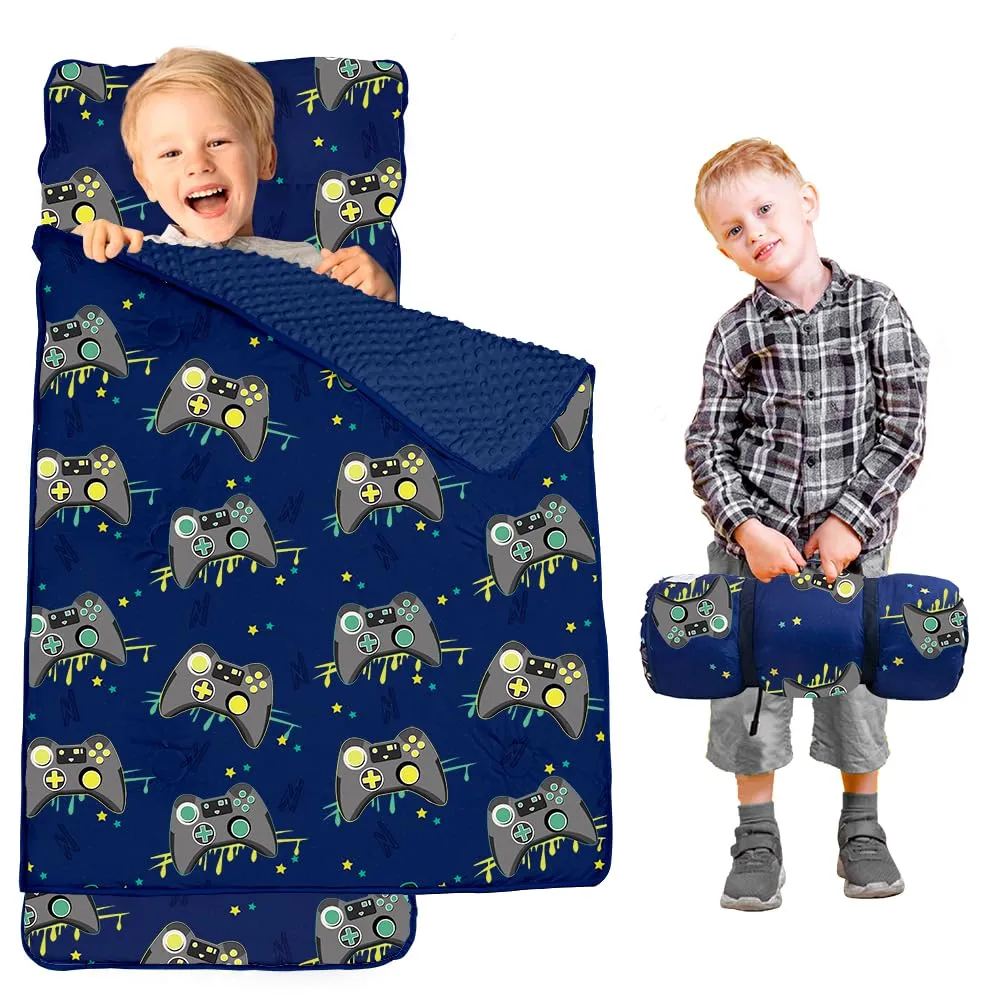 Toddler Nap Mat with Pillow and Minky Blanket, Large 55"x35" Sleeping Bag, Washable, Lightweight, Easy to Roll, Perfect for Preschool, Daycare, Kindergarten, Travel, Boys and Girls(Gamepad)