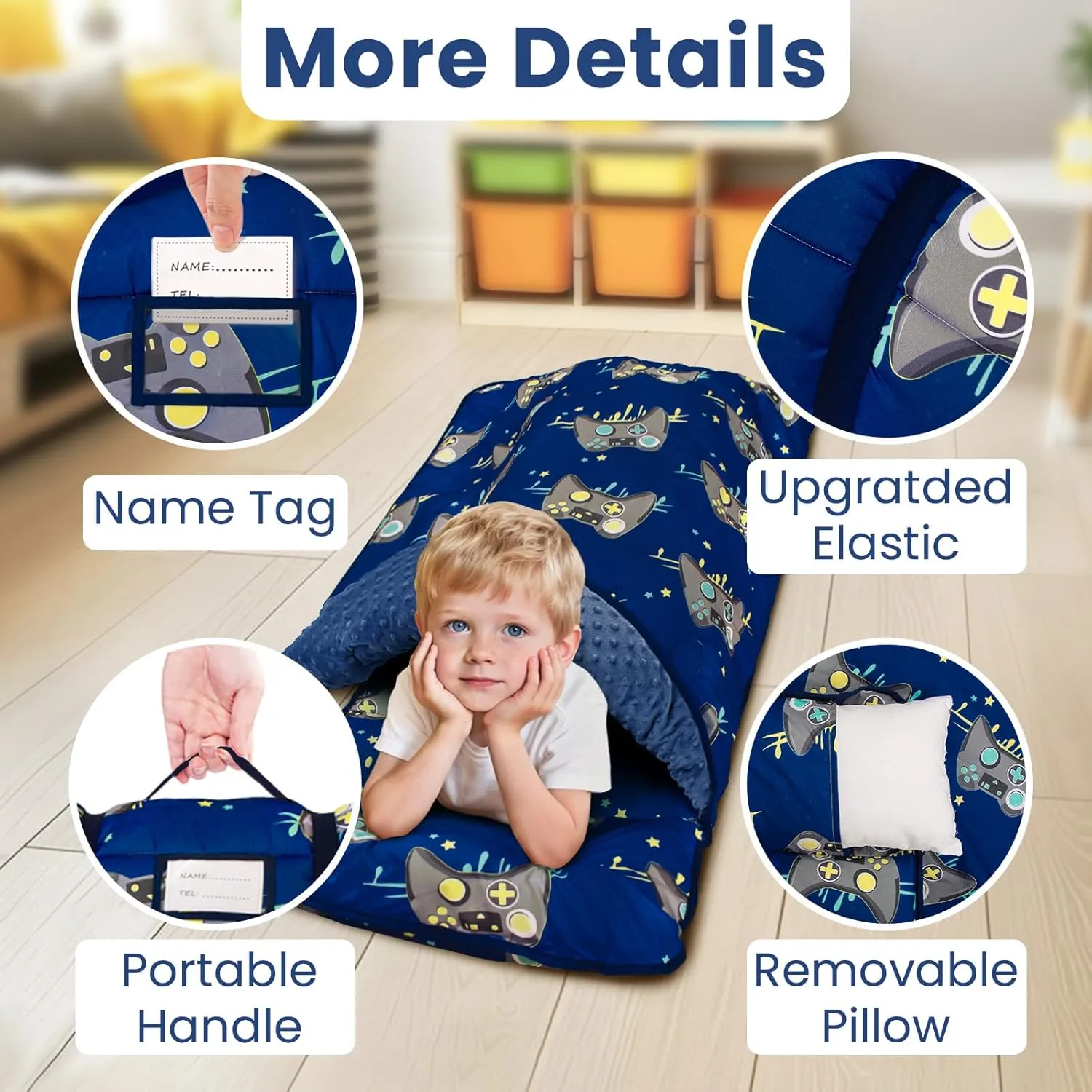 Toddler Nap Mat with Pillow and Minky Blanket, Large 55"x35" Sleeping Bag, Washable, Lightweight, Easy to Roll, Perfect for Preschool, Daycare, Kindergarten, Travel, Boys and Girls(Gamepad)