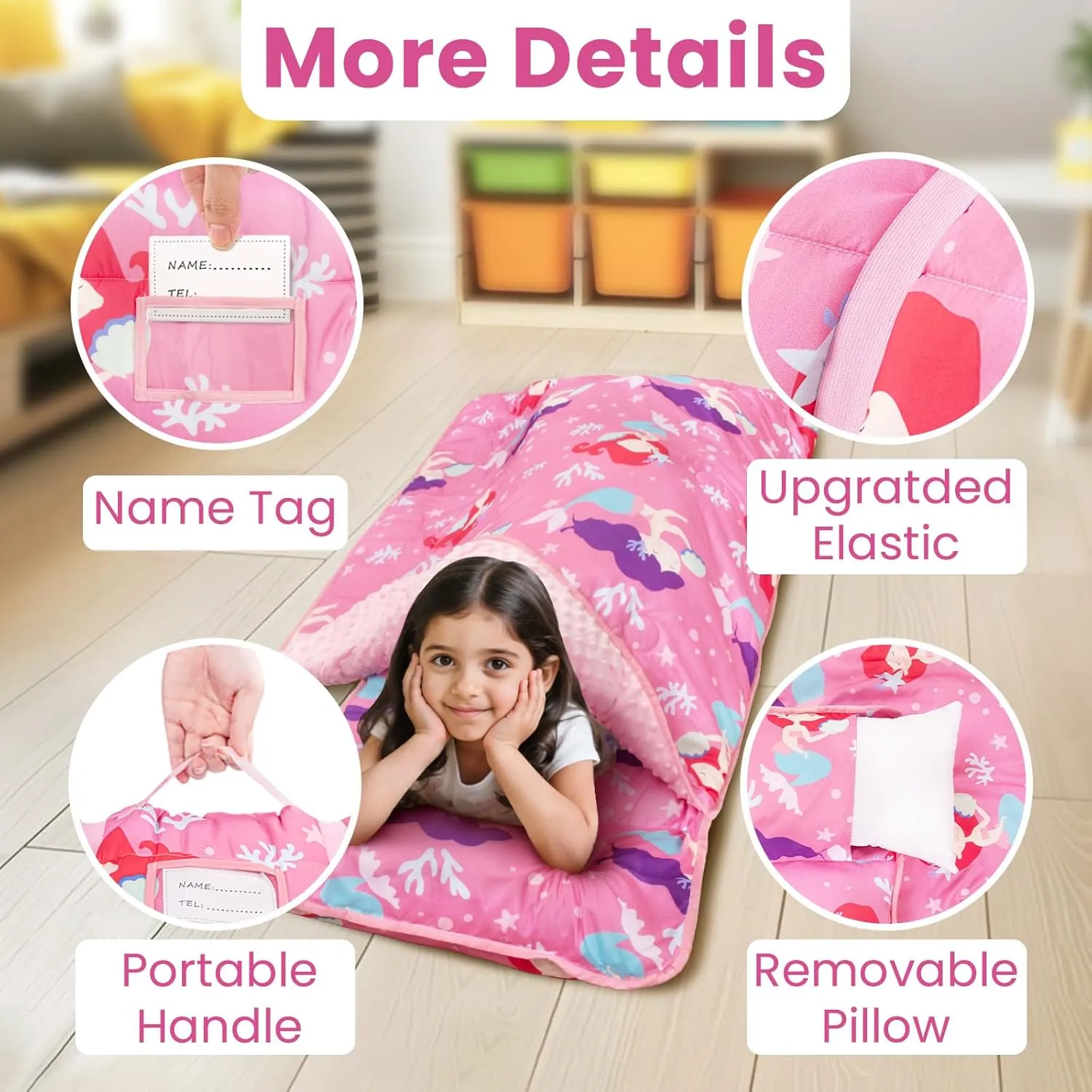 Toddler Nap Mat with Pillow and Minky Blanket, Large 55"x35" Sleeping Bag, Washable, Lightweight, Easy to Roll, Perfect for Preschool, Daycare, Kindergarten, Travel, Boys and Girls(Mermaid)