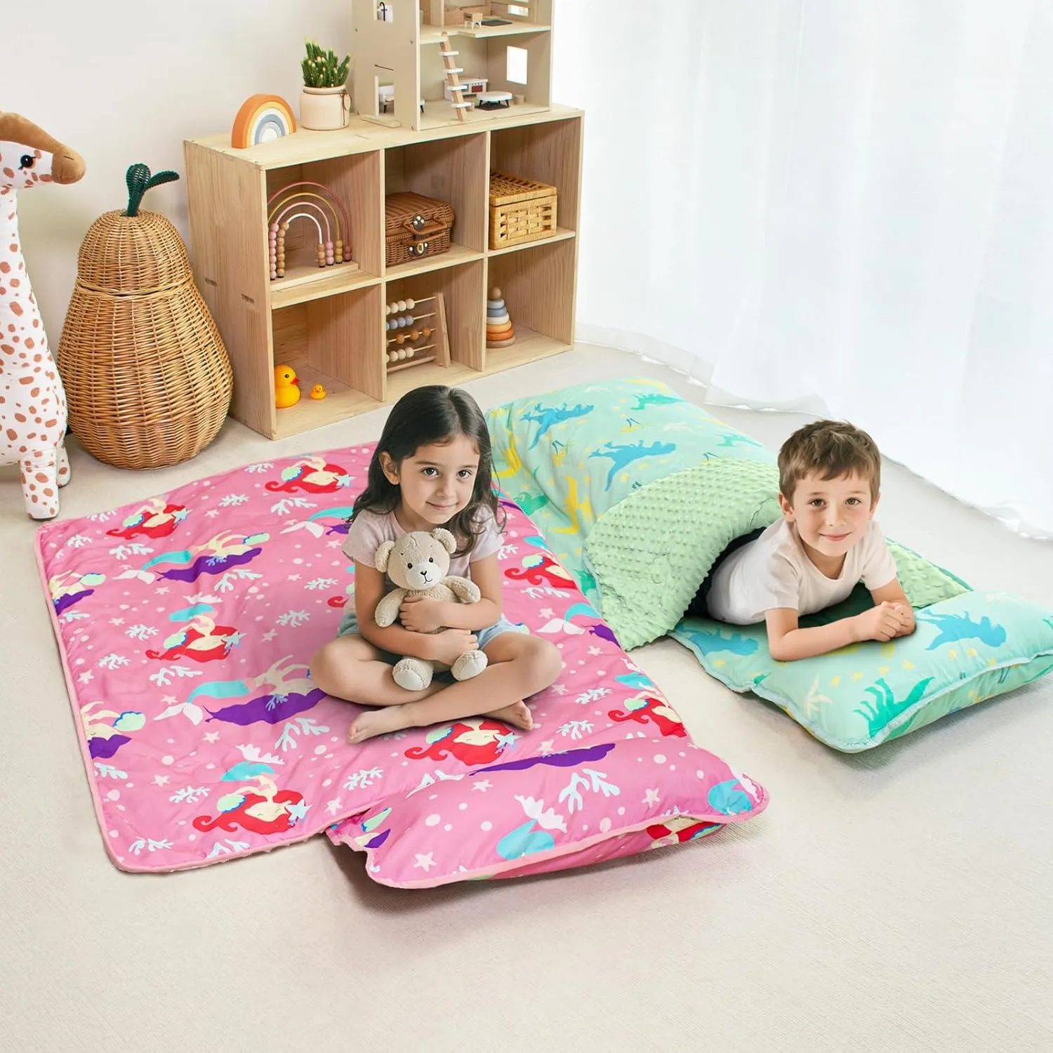 Toddler Nap Mat with Pillow and Minky Blanket, Large 55"x35" Sleeping Bag, Washable, Lightweight, Easy to Roll, Perfect for Preschool, Daycare, Kindergarten, Travel, Boys and Girls(Mermaid)
