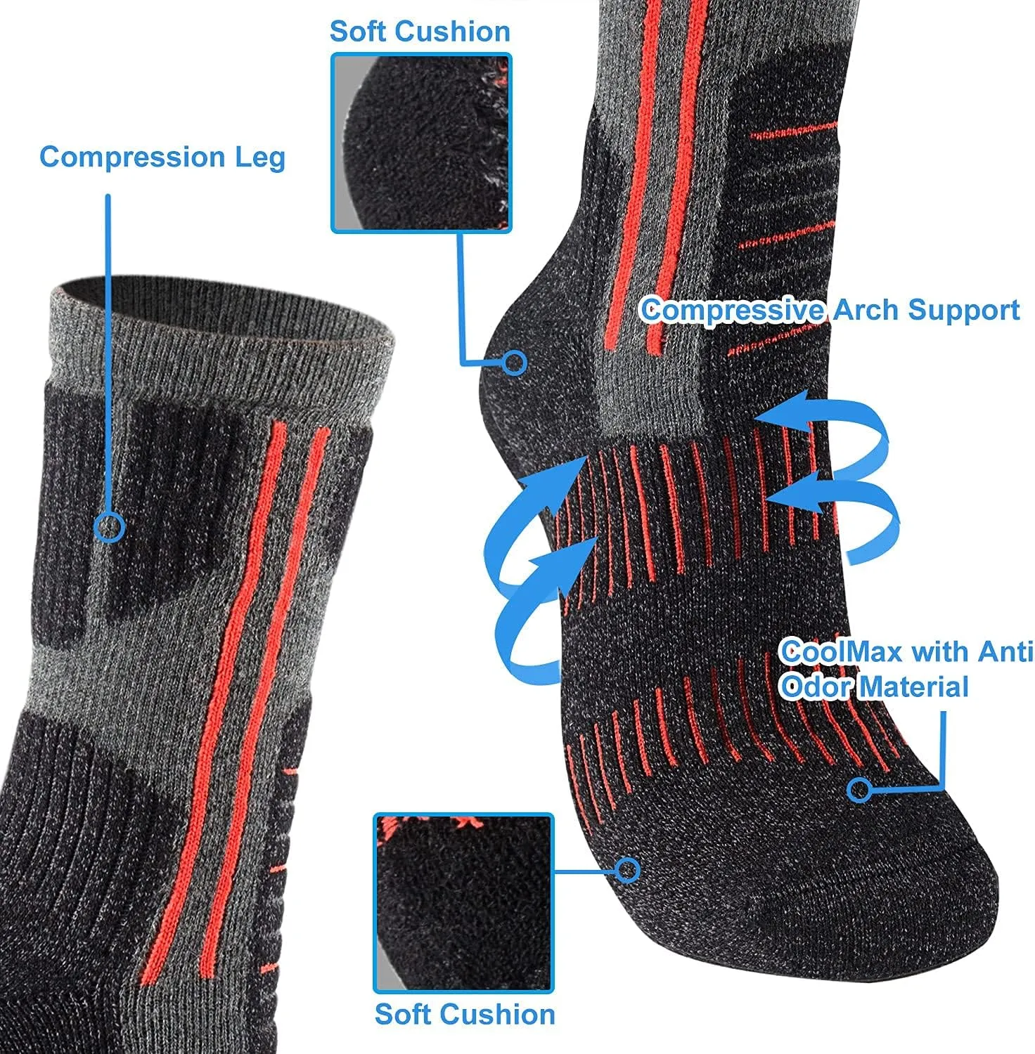 Toes&Feet Womens and Mens Padded Anti Blister Odor Resistant Sweat Wick Trekking Hiking Skiing Mid-Calf Crew Knee High Socks