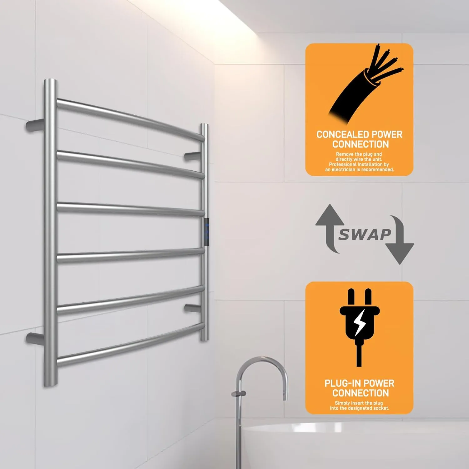 Towel Warmer, Towel Heater Rack for Bathroom, 6-Bars Electric Towel Warmer, Stainless Steel Wall-Mounted Tower Warmer with Intelligent Touch Screen Timer, Brushed