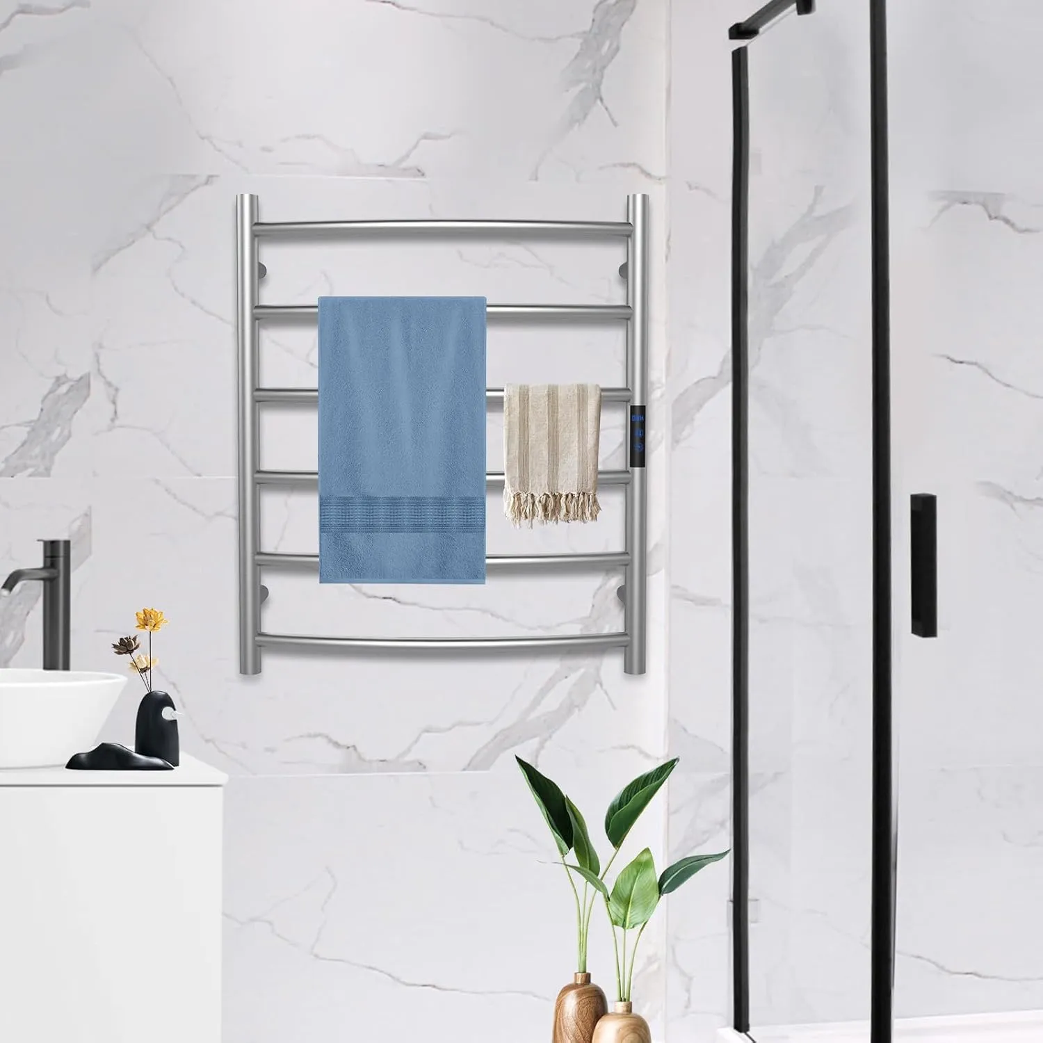 Towel Warmer, Towel Heater Rack for Bathroom, 6-Bars Electric Towel Warmer, Stainless Steel Wall-Mounted Tower Warmer with Intelligent Touch Screen Timer, Brushed