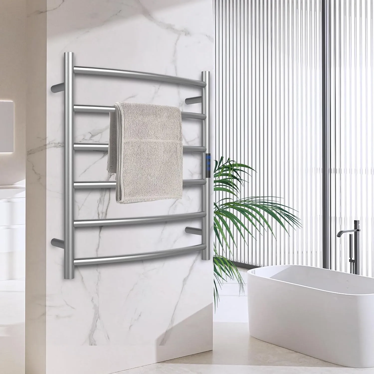 Towel Warmer, Towel Heater Rack for Bathroom, 6-Bars Electric Towel Warmer, Stainless Steel Wall-Mounted Tower Warmer with Intelligent Touch Screen Timer, Brushed