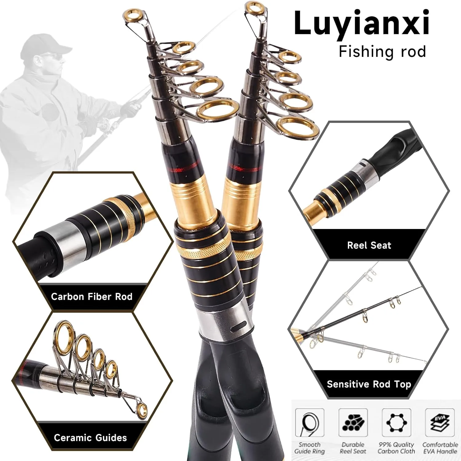 Travel Fishing Rod and Reel Combo,Collapsible Fishing Kits, Carbon Fiber Fishing Pole Spinning Reel Lures Set with Carrier Bag, Fishing Gear for Adults Travel Saltwater Freshwater