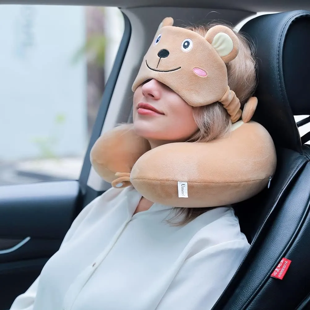 Travel Pillow, Memory Foam Neck Pillow with 360-Degree Head Support Comfortable Airplane Pillow with Storage Bag Lightweight Traveling Pillow for Sleeping, Car, Train, Bus and Home Use (Bear)