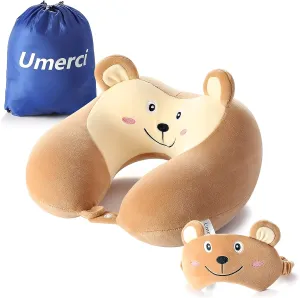 Travel Pillow, Memory Foam Neck Pillow with 360-Degree Head Support Comfortable Airplane Pillow with Storage Bag Lightweight Traveling Pillow for Sleeping, Car, Train, Bus and Home Use (Bear)