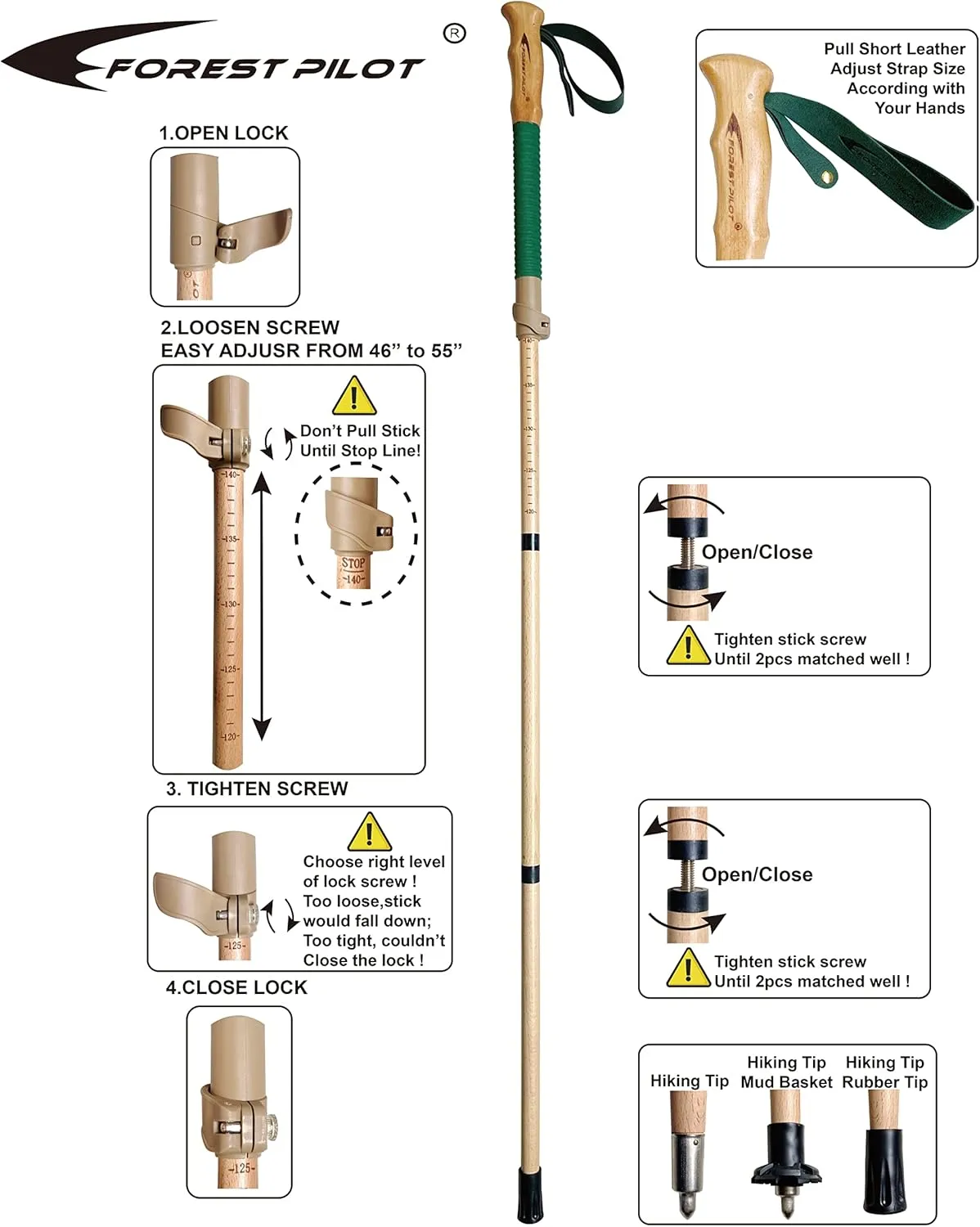 Trekking Poles- 1-pc Pack - Adjustable Hiking or Walking Stick –Strong, Natural Beech Wood - Quick Adjust Flip-Lock - Beech Wood Grip, Leather Strap