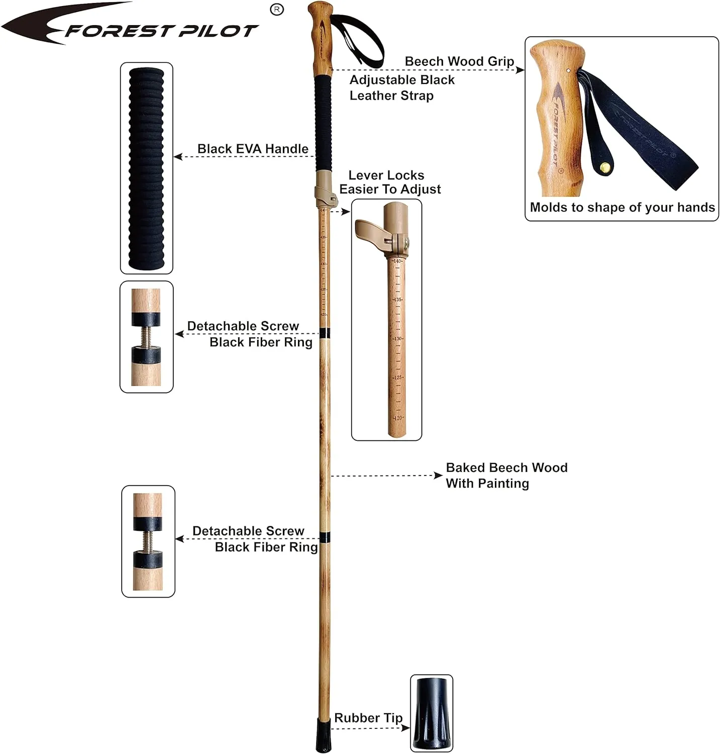 Trekking Poles- 1-pc Pack - Adjustable Hiking or Walking Stick –Strong, Natural Beech Wood - Quick Adjust Flip-Lock - Beech Wood Grip, Leather Strap