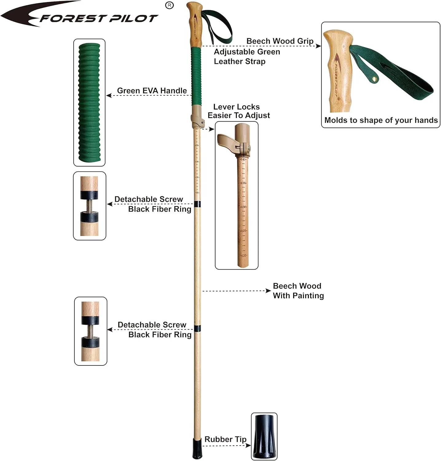 Trekking Poles- 1-pc Pack - Adjustable Hiking or Walking Stick –Strong, Natural Beech Wood - Quick Adjust Flip-Lock - Beech Wood Grip, Leather Strap