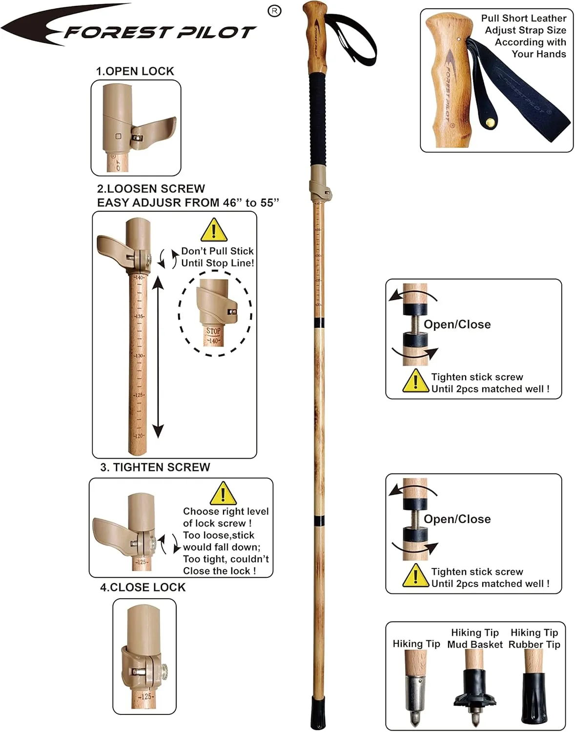 Trekking Poles- 1-pc Pack - Adjustable Hiking or Walking Stick –Strong, Natural Beech Wood - Quick Adjust Flip-Lock - Beech Wood Grip, Leather Strap