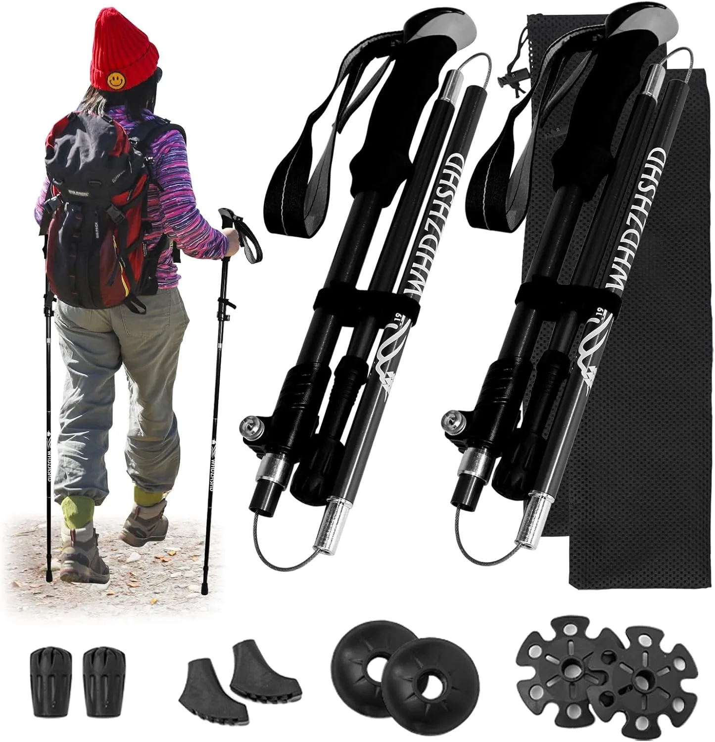 Trekking Poles Collapsible Lightweight 2-Pack – Aluminum Hiking Poles with 4 Interchangeable Tips, Adjustable for Men & Women, Mountain Climbing & Backpacking