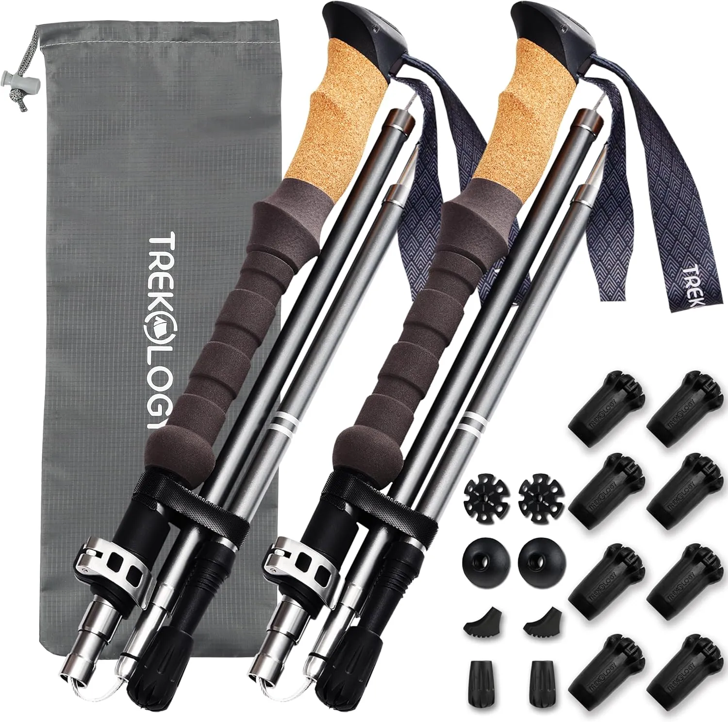 TREKOLOGY TREKZ Cork Trekking Poles Bundle with 8pc Replacement Tips - Complete Trekking Gear Set for Enhanced Outdoor Adventures