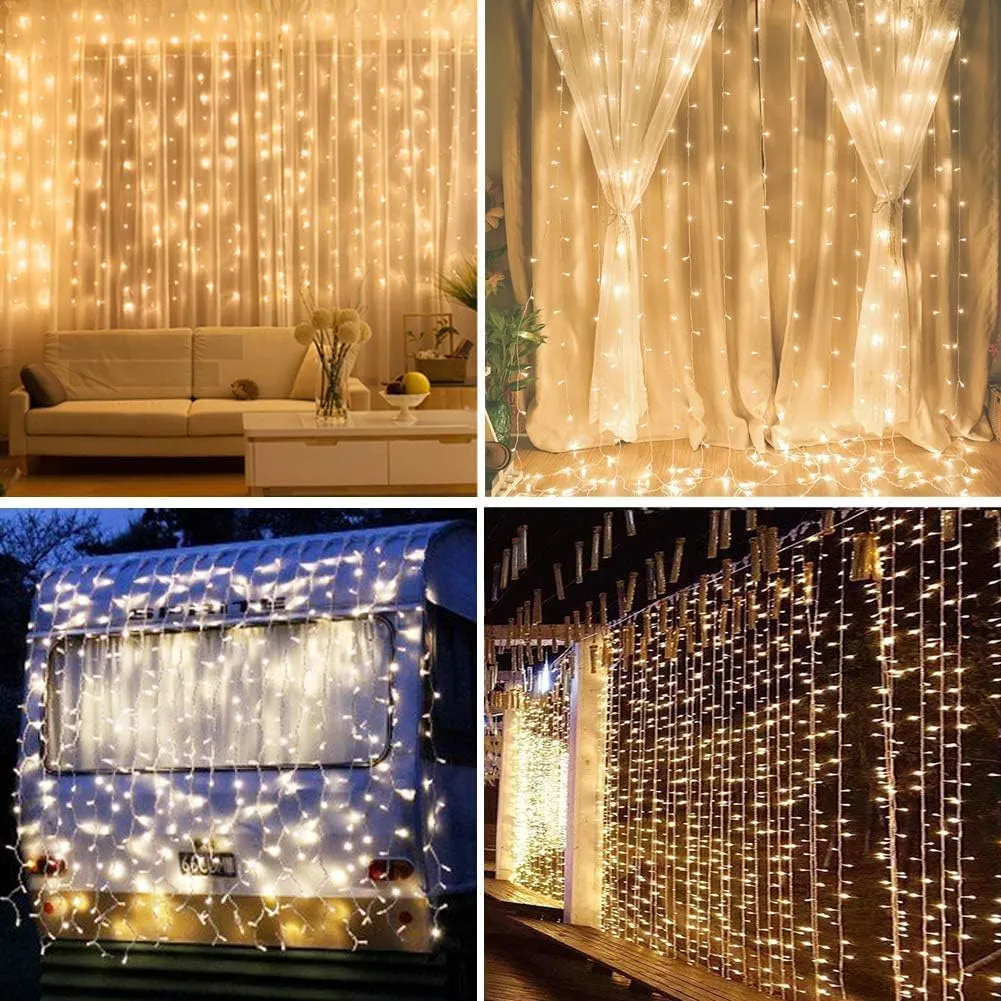 Twinkle Star 300 LED Window Curtain String Light for Christmas Wedding Party Home Garden Bedroom Outdoor Indoor Wall Decorations (Warm White), 2 Pack