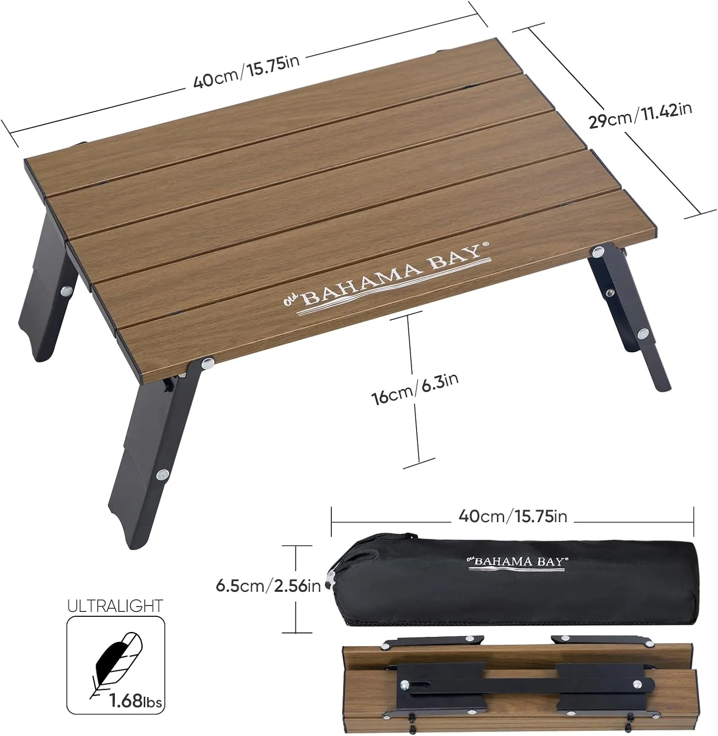 Ultralight Aluminum Mini Table, Foldable Small Beach Table with Retractable Legs, 66lbs/30kg Weight Capacity, Suitable for Picnic Camping Outdoor Hiking(Dark Woodgrain)