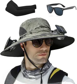 Ultralight Hat with Fans Solar Power, Outdoor Wide Brim Sun Hat with 2 Solar Fan, Removable USB Charging Fan