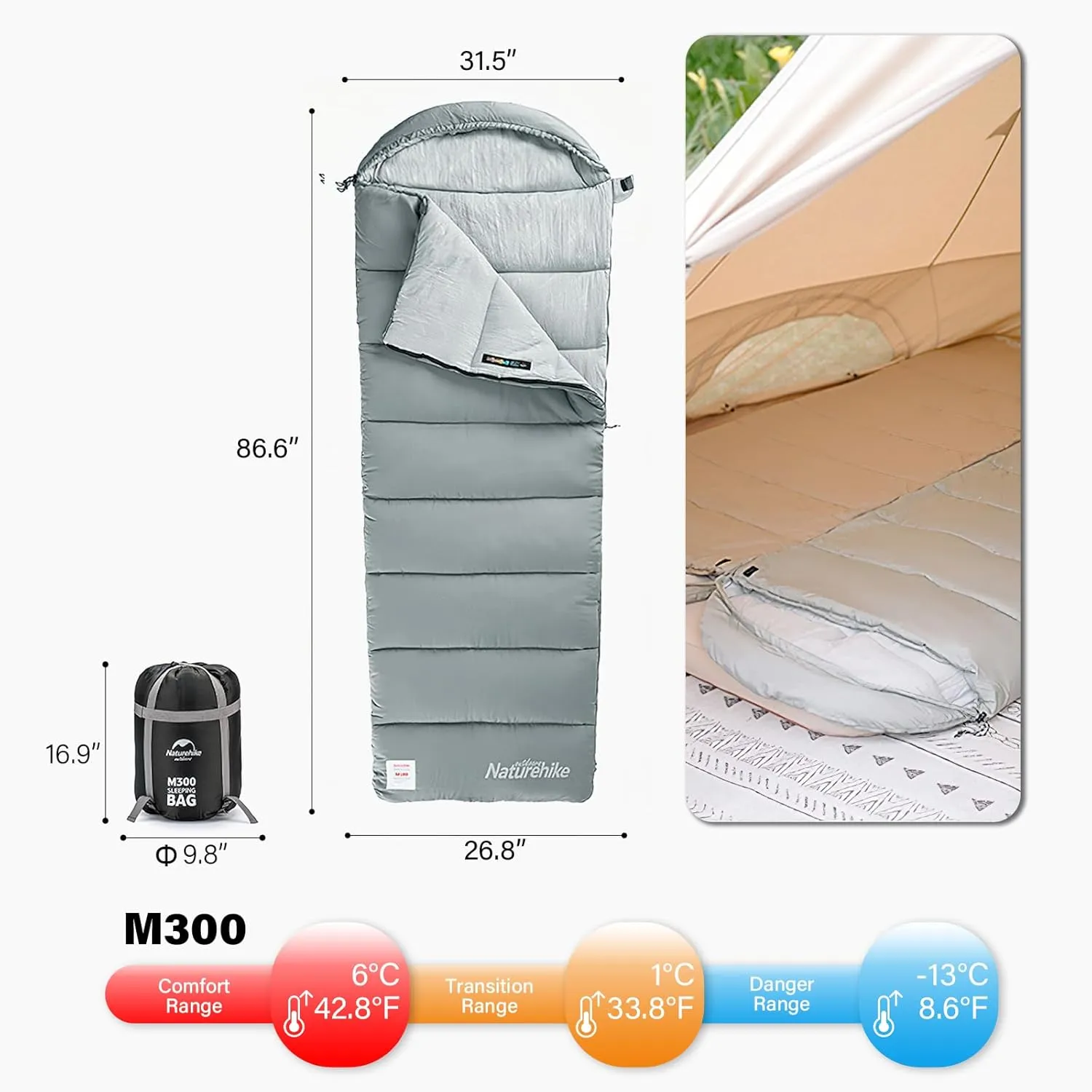 Ultralight Sleeping Bag 25°F-54°F with Hood Great for 3-4 Season Traveling Camping Outdoor Activities Family Camping Mountaineering car Camping,Machine Washable No-Snag Zipper