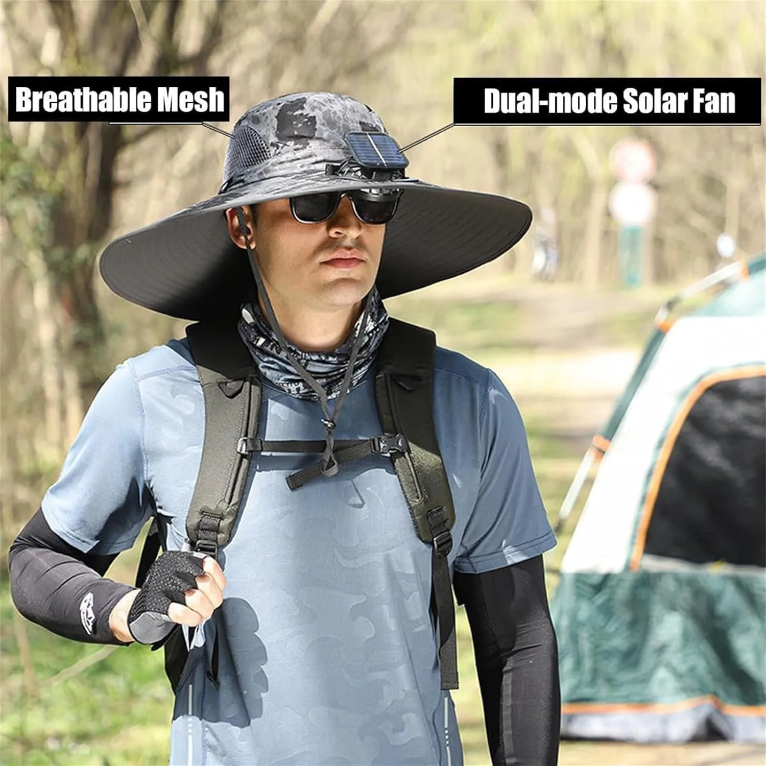 Ultralight Wide Brim Solar Fan Hat, Wide Brim Solar Fan Outdoor Fishing Hat with 2 Fans Solar Power -Solar & USB Charging